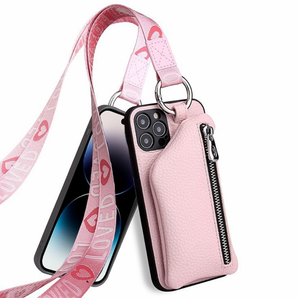 iPhone 14 Pro detachable leather cover with lanyard - Pink