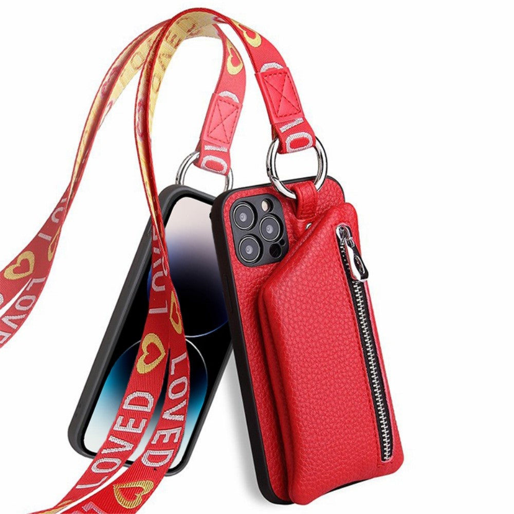 iPhone 14 Pro detachable leather cover with lanyard - Red