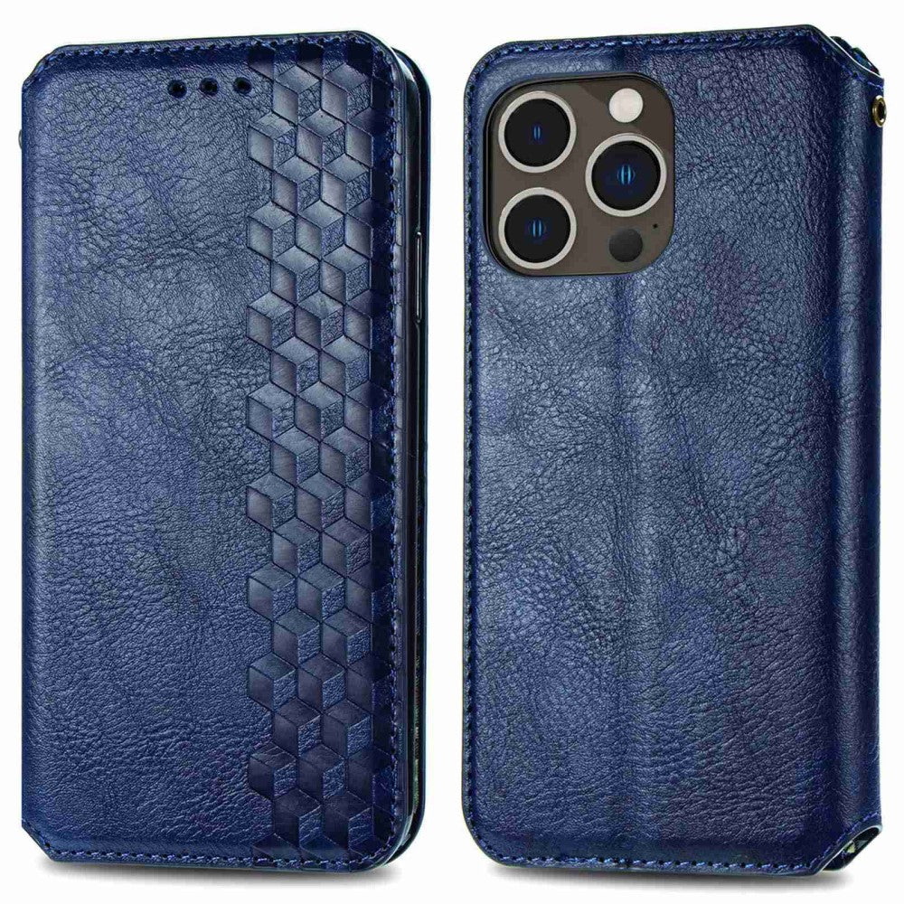 Leather case with a stylish rhombus imprint for iPhone 14 Pro - Blue