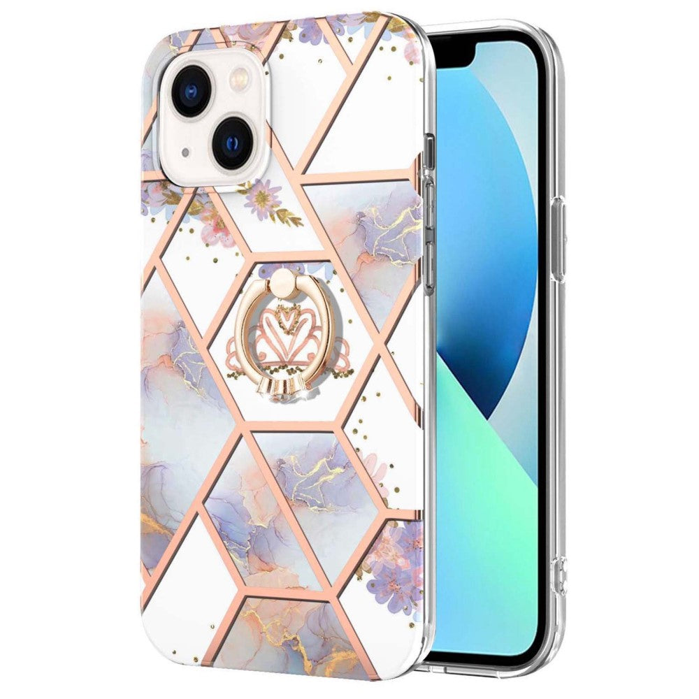 Marble patterned cover with ring holder for iPhone 14 - Crown