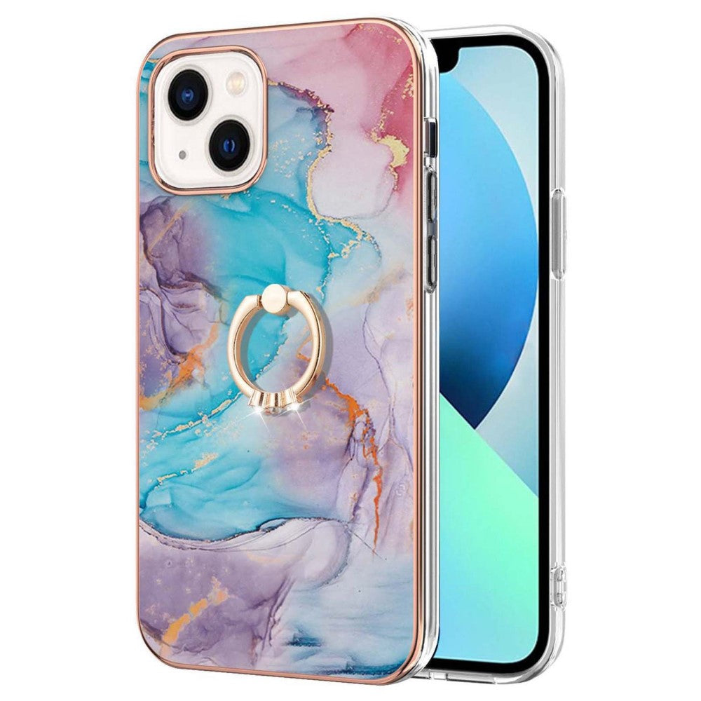 Marble patterned cover with ring holder for iPhone 14 - Milky Way Marble Blue