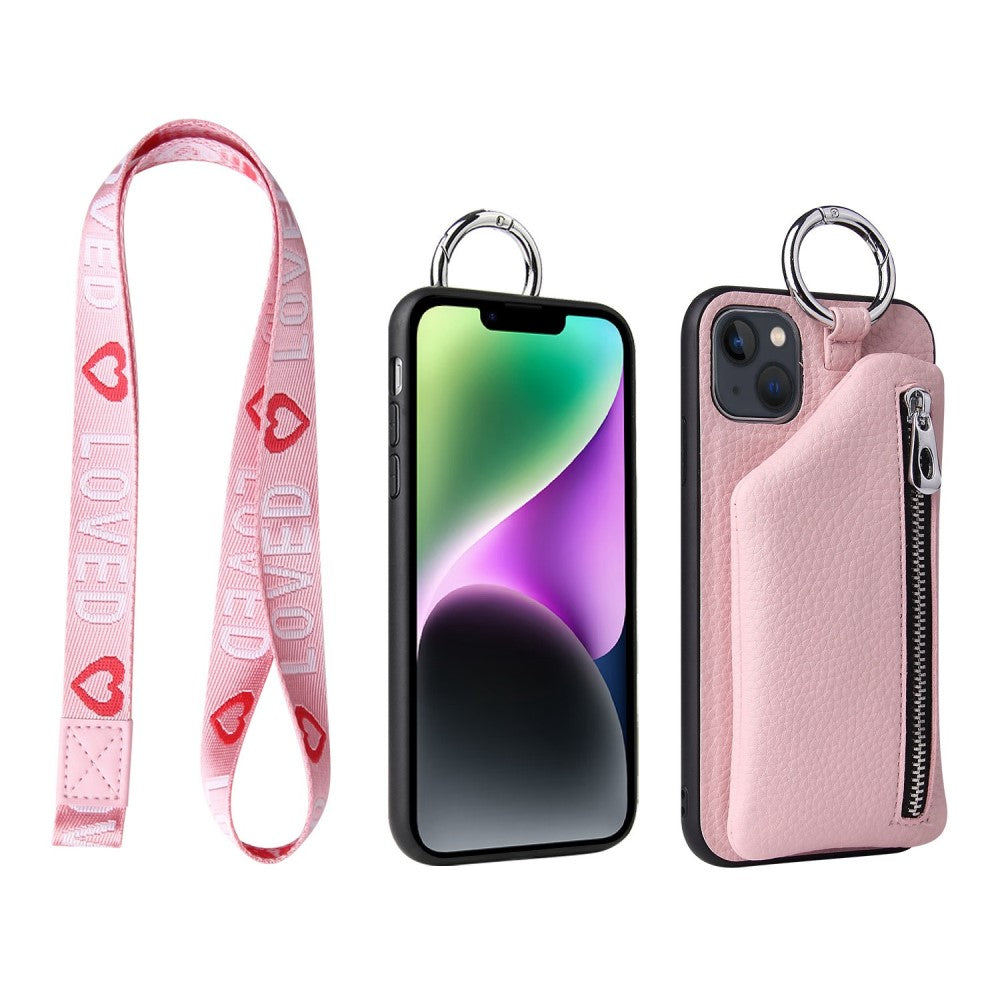 iPhone 14 detachable leather cover with lanyard - Pink