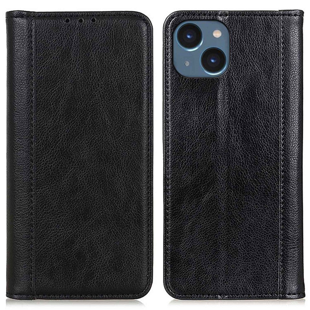 Genuine leather case with magnetic closure for iPhone 14 - Black