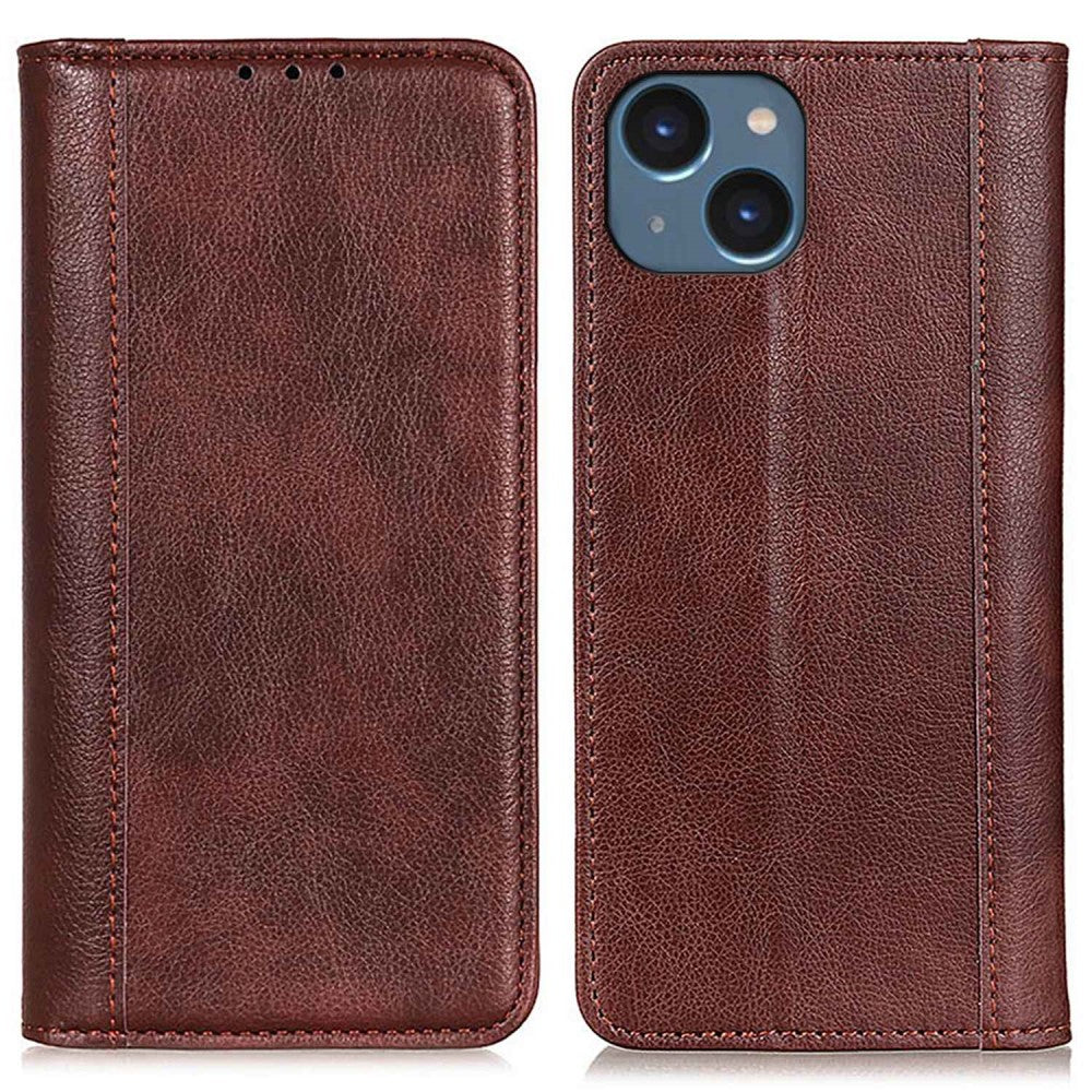Genuine leather case with magnetic closure for iPhone 14 - Brown