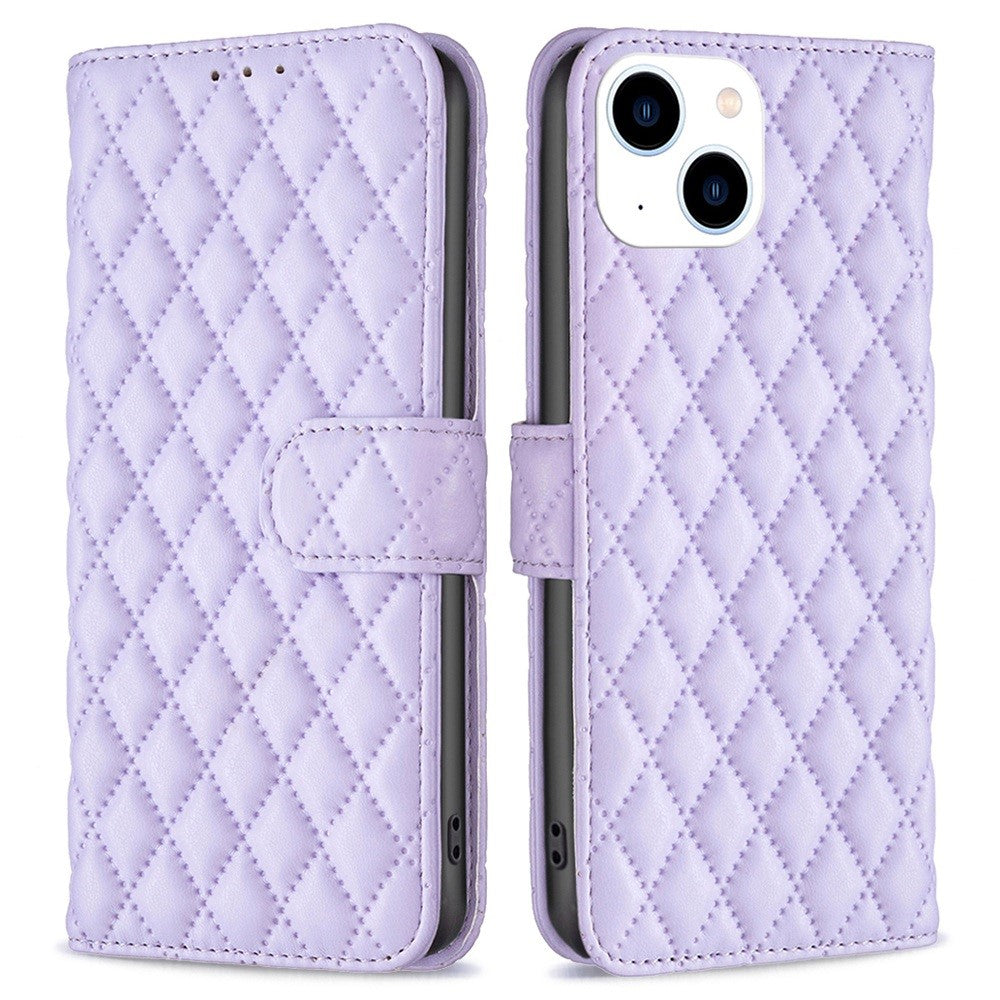 Rhombus pattern matte flip case for iPhone 14 - Purple
