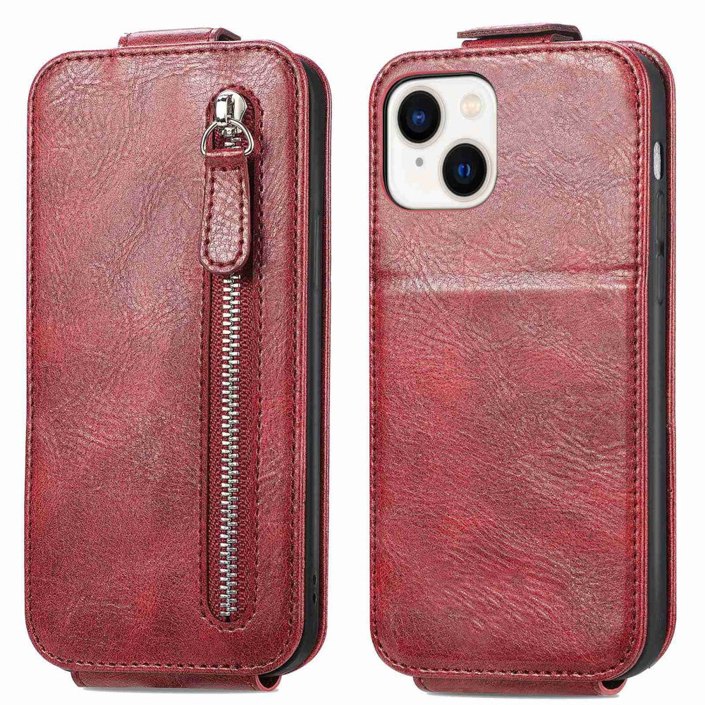 Vertical flip phone case with zipper for iPhone 14 - Red