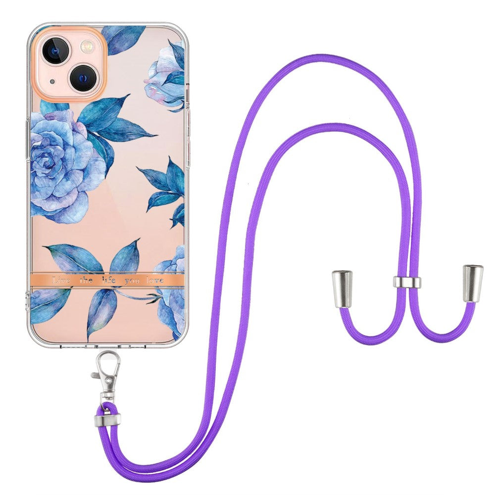 Slim and durable softcover with lanyard for iPhone 14 Plus - C003 Blue Peony