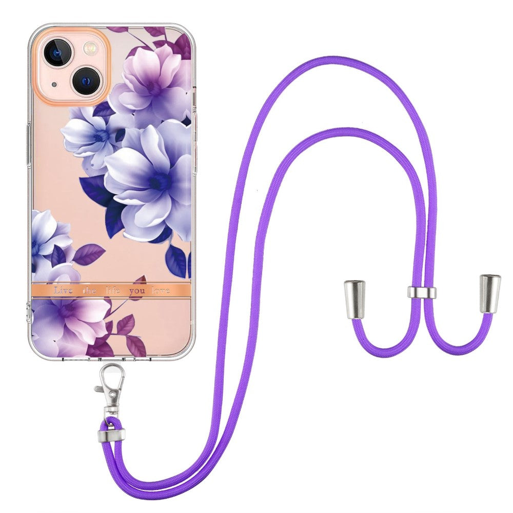 Slim and durable softcover with lanyard for iPhone 14 Plus - HC004 Purple Begonia