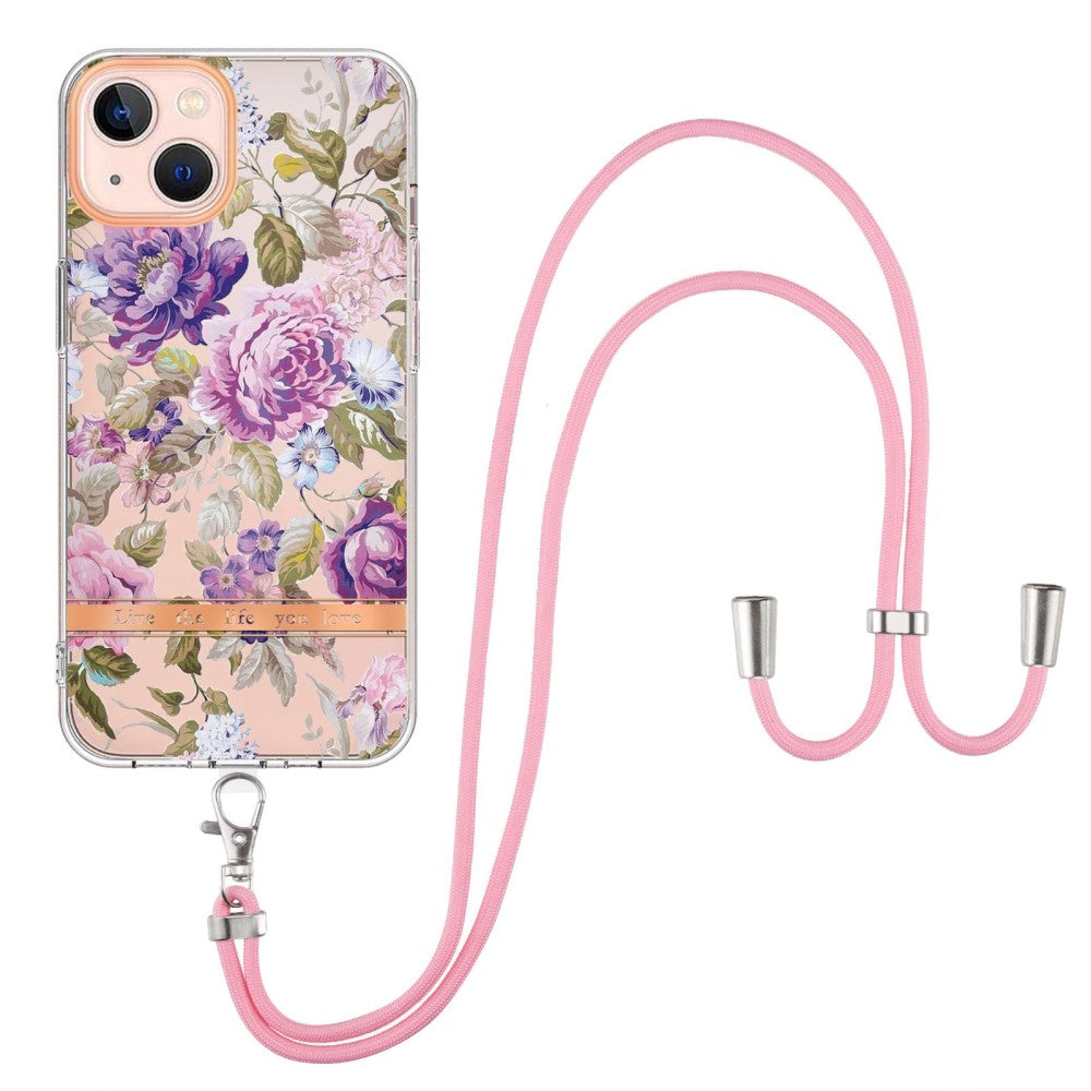 Slim and durable softcover with lanyard for iPhone 14 Plus - HC006 Purple Peony