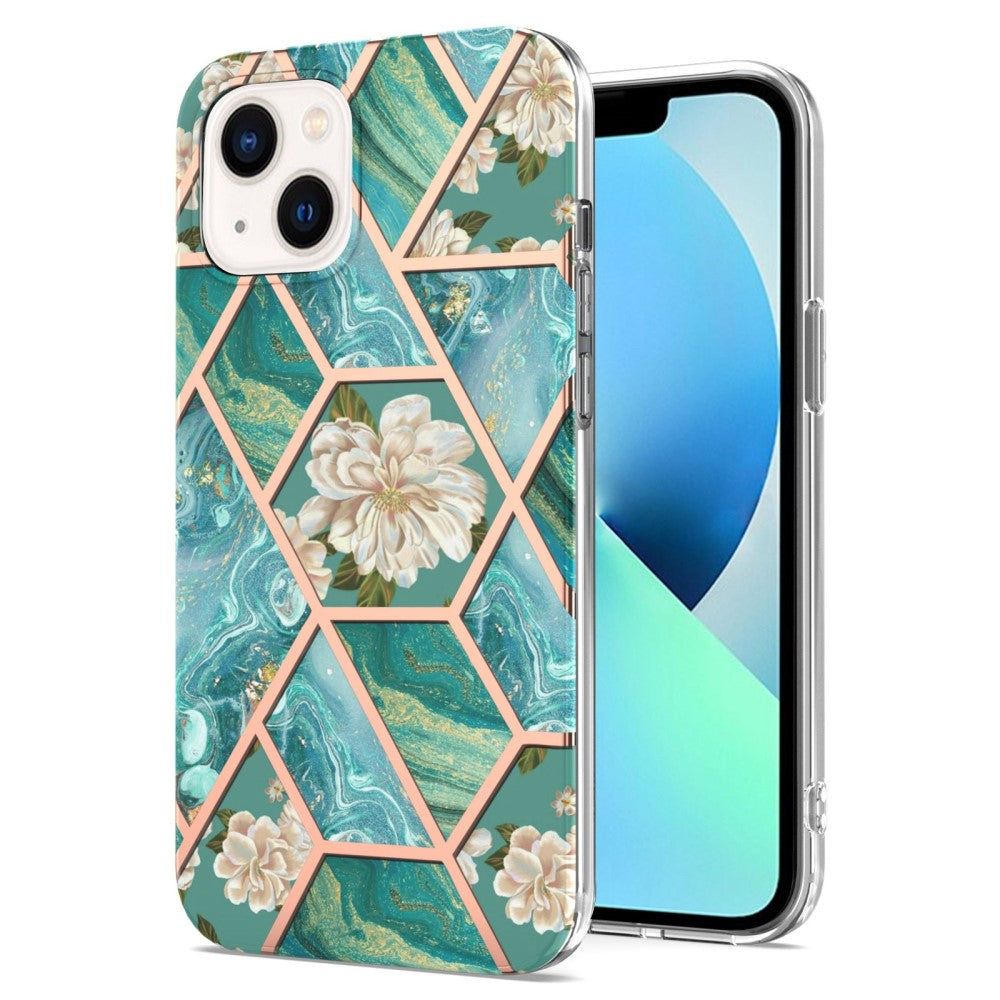 Marble patterned cover with ring holder for iPhone 14 Plus - Blue Flowers