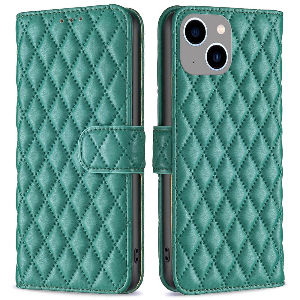 Rhombus pattern matte flip case for iPhone 14 Plus - Green