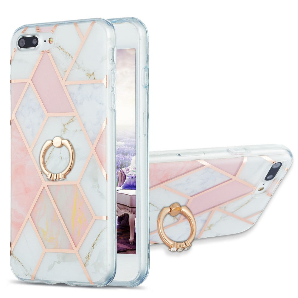 Marble patterned cover with ring holder for iPhone 8 Plus - Pink / White