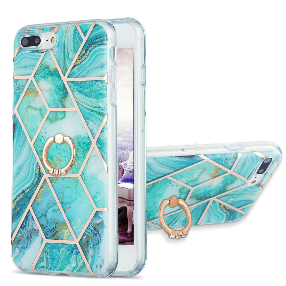 Marble patterned cover with ring holder for iPhone 8 Plus - Blue