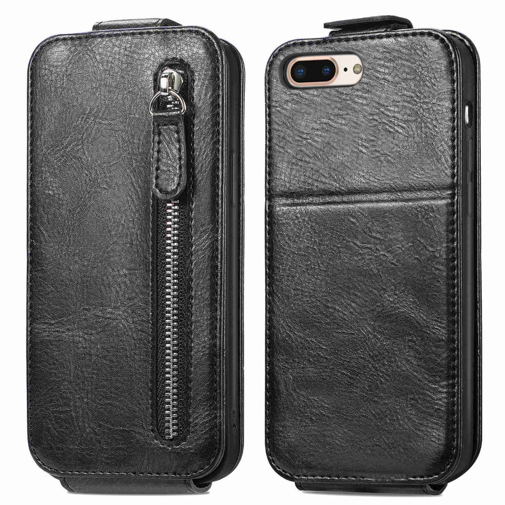 Vertical flip phone case with zipper for iPhone 7 Plus / 8 Plus - Brown