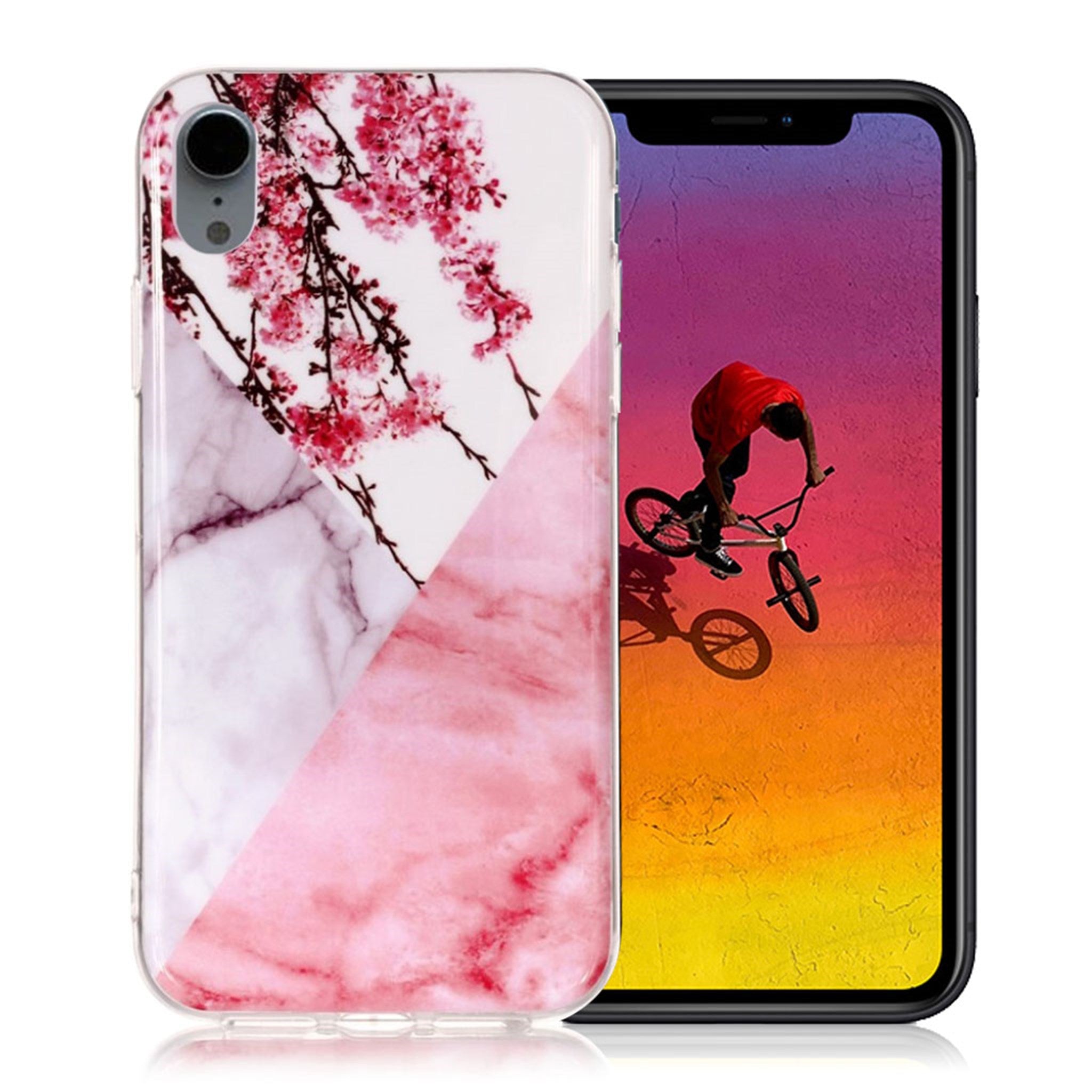 iPhone Xr pattern printing case - White / Pink Marble and Flowers