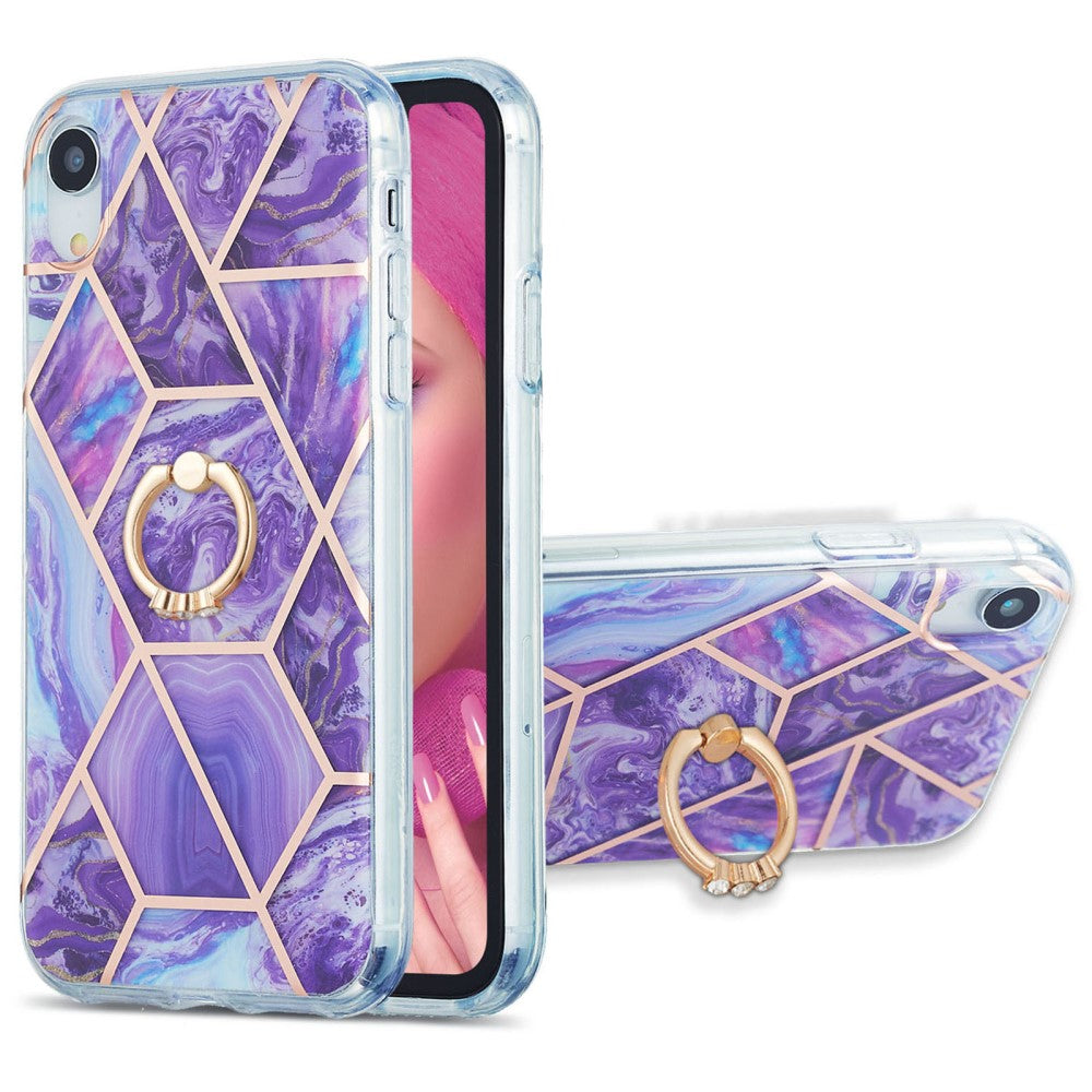 Marble patterned cover with ring holder for iPhone Xr - Dark Purple