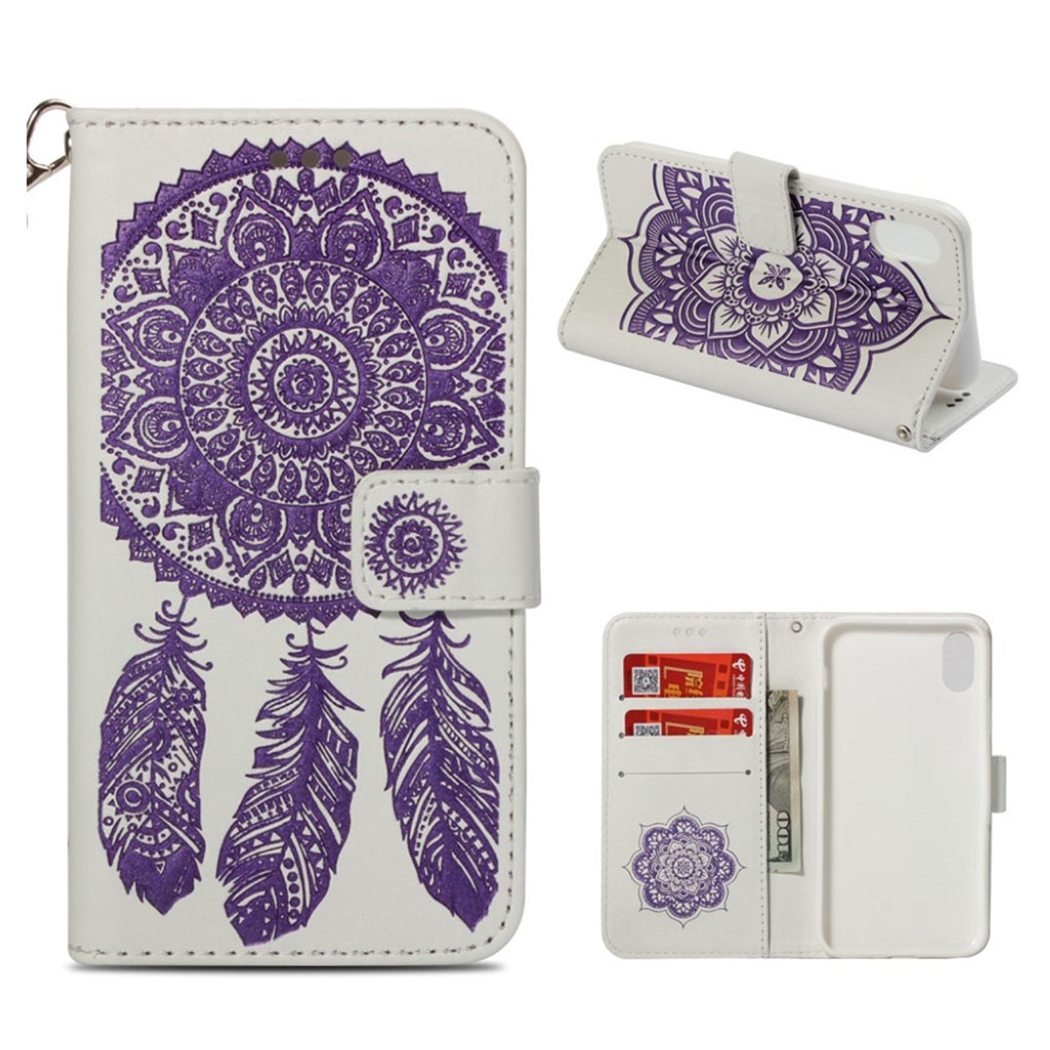 iPhone Xr imprint dream catcher leather flip case - White / Purple