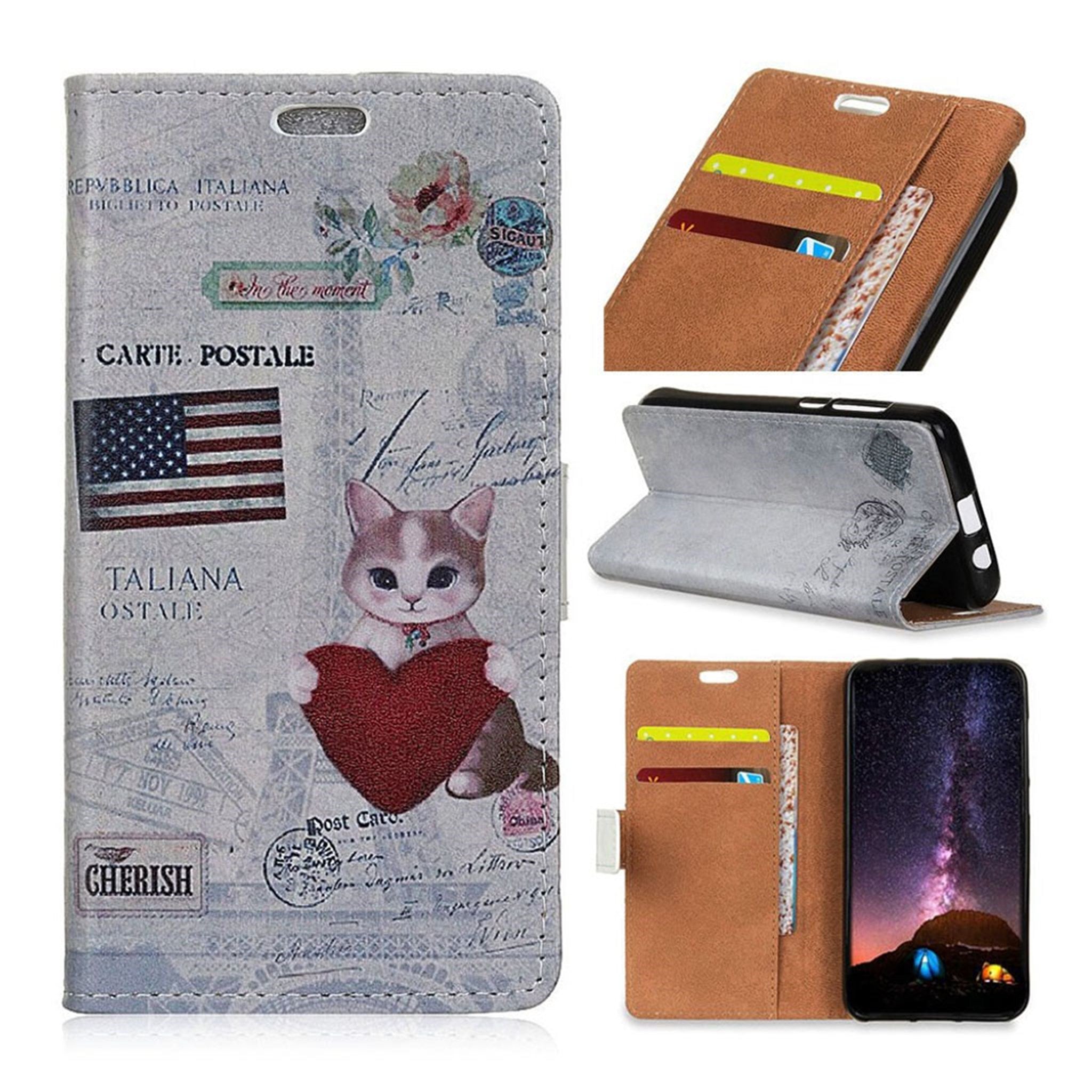 iPhone Xr pattern printing leather flip case - US Flag and Cat Holding Heart