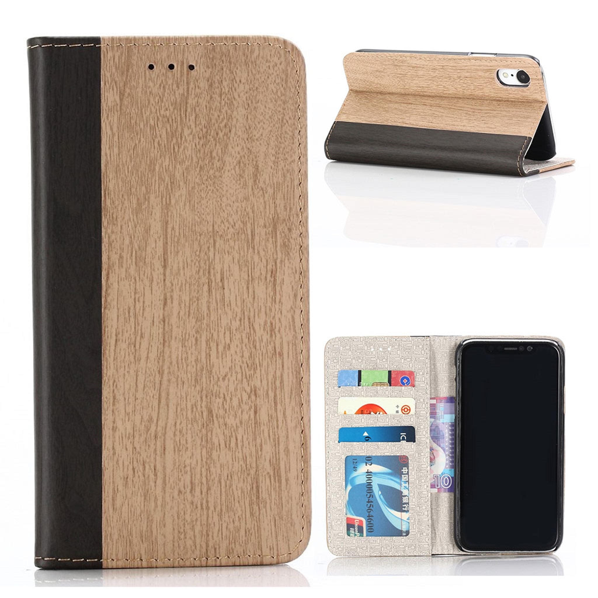 iPhone Xr wood texture leather flip case - Khaki
