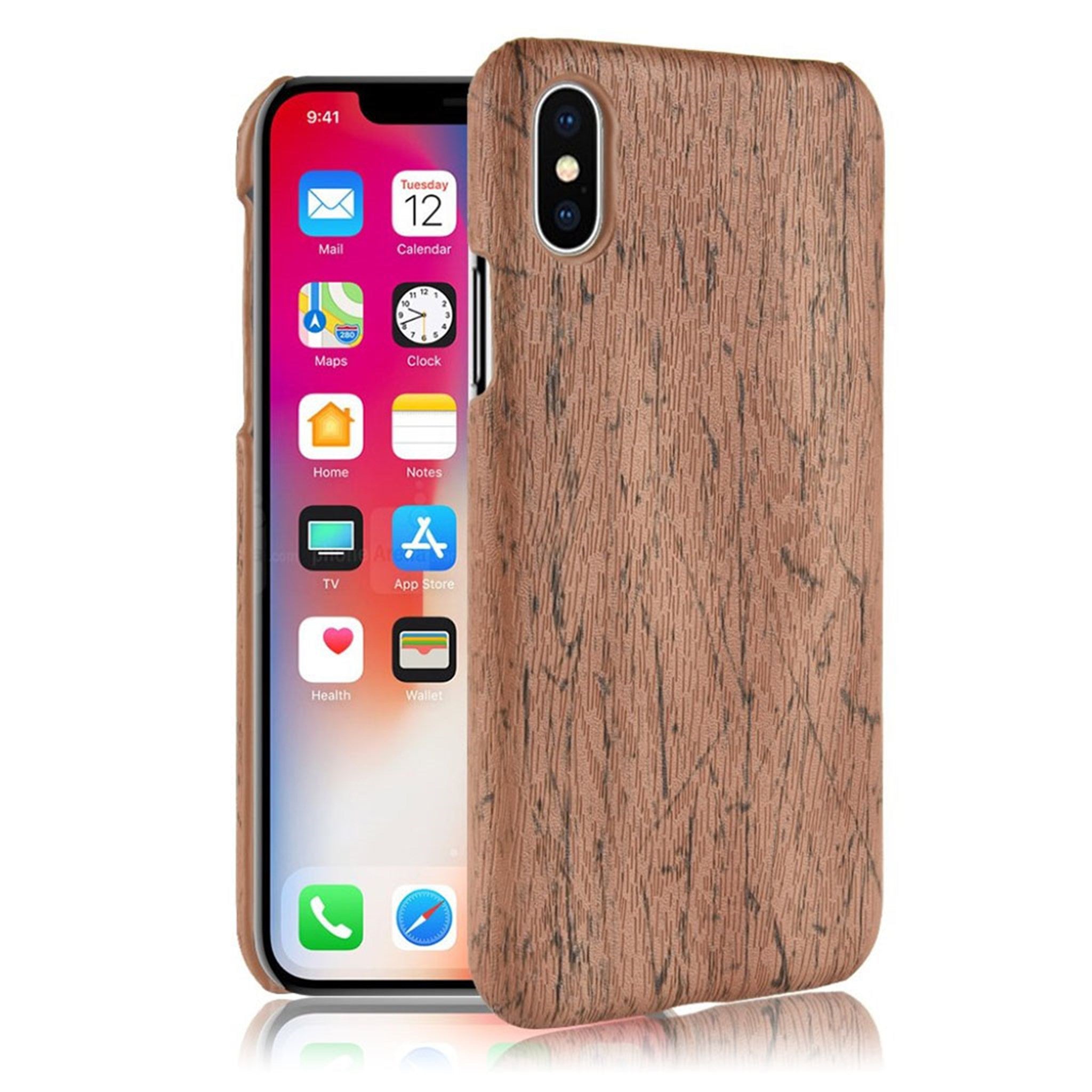 iPhone Xs Max wood texture leather coated case - Brown