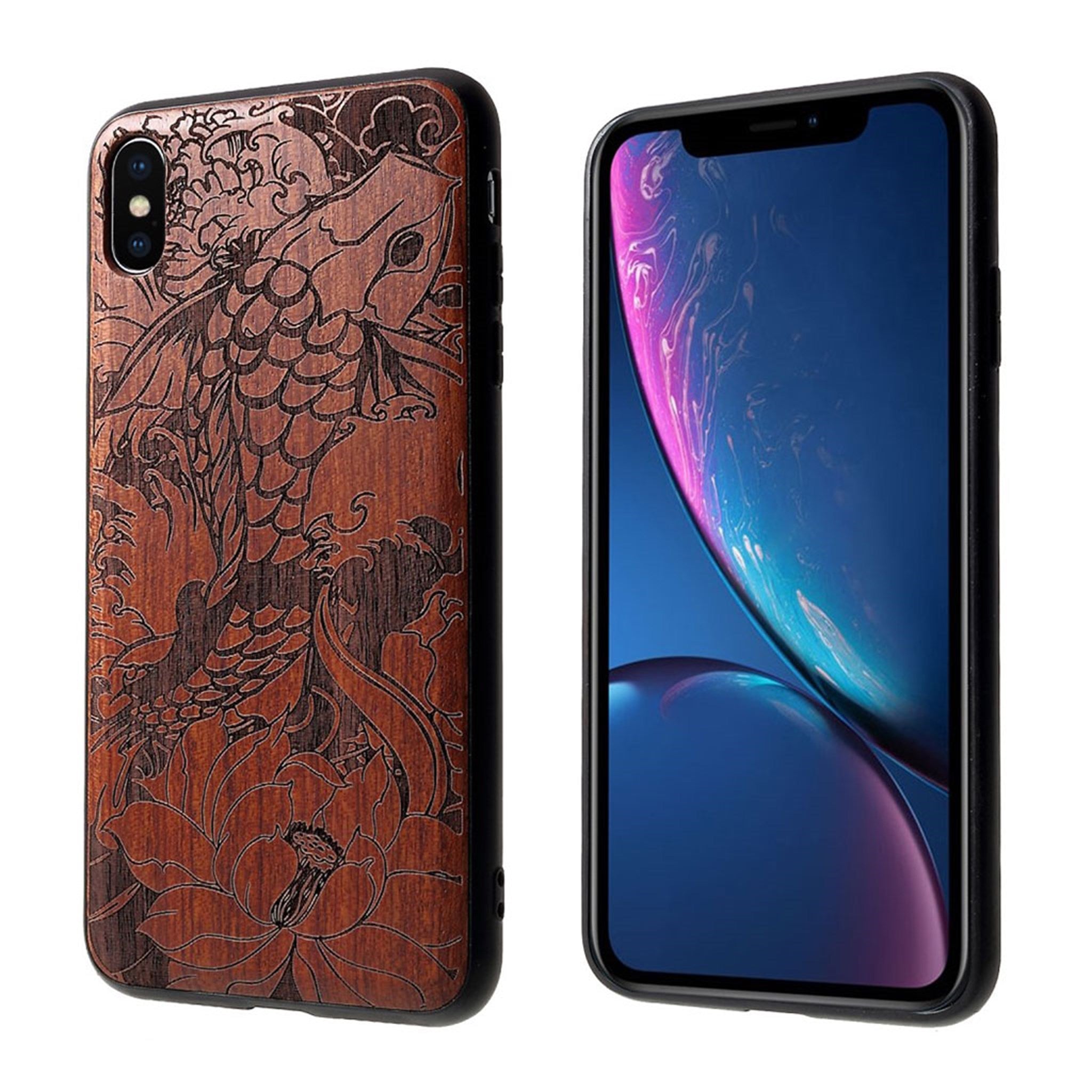 iPhone Xs Max carving wood hybrid case - Fish and Lotus