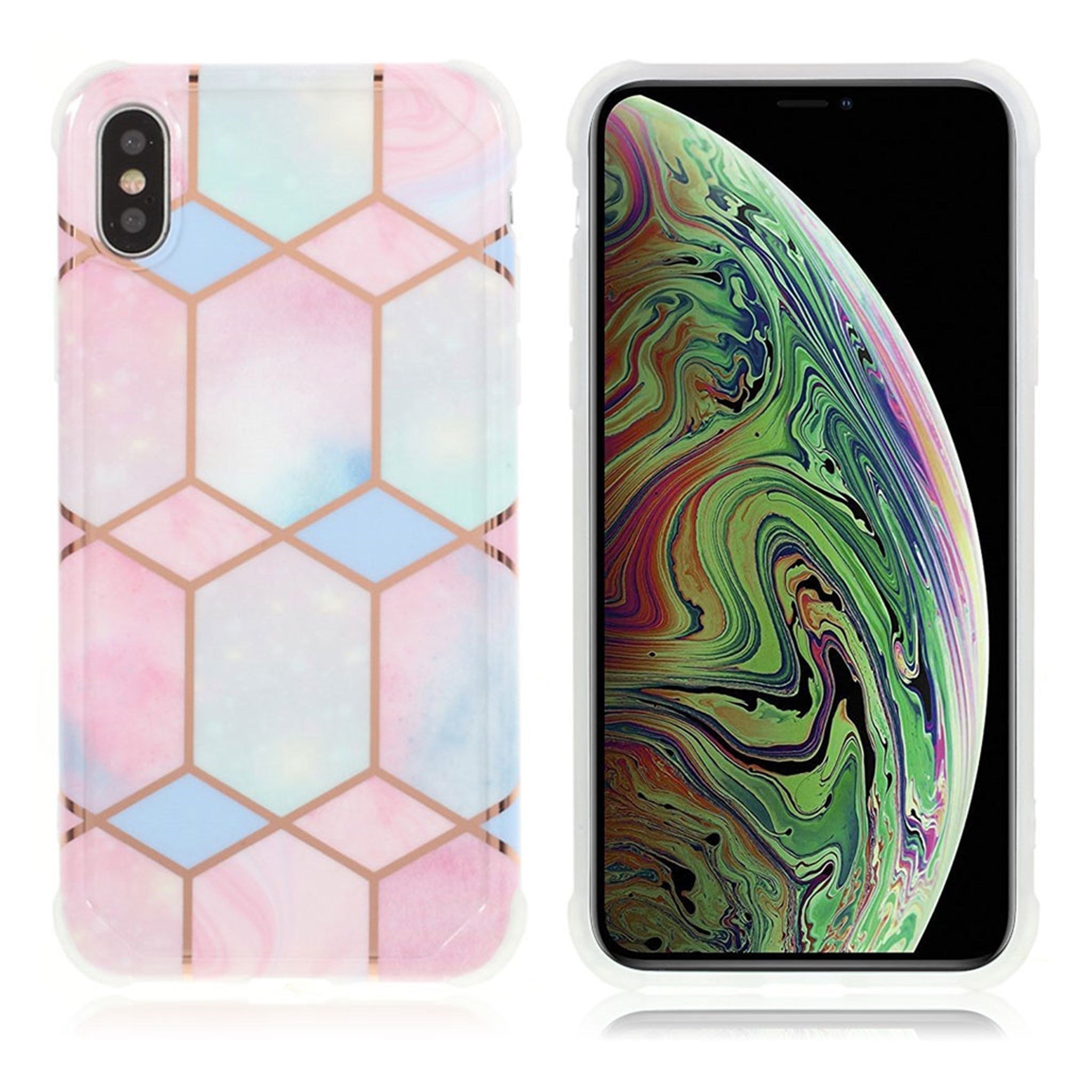 Marble iPhone Xs Max case - Hexagonal Pink and Cyan Marble