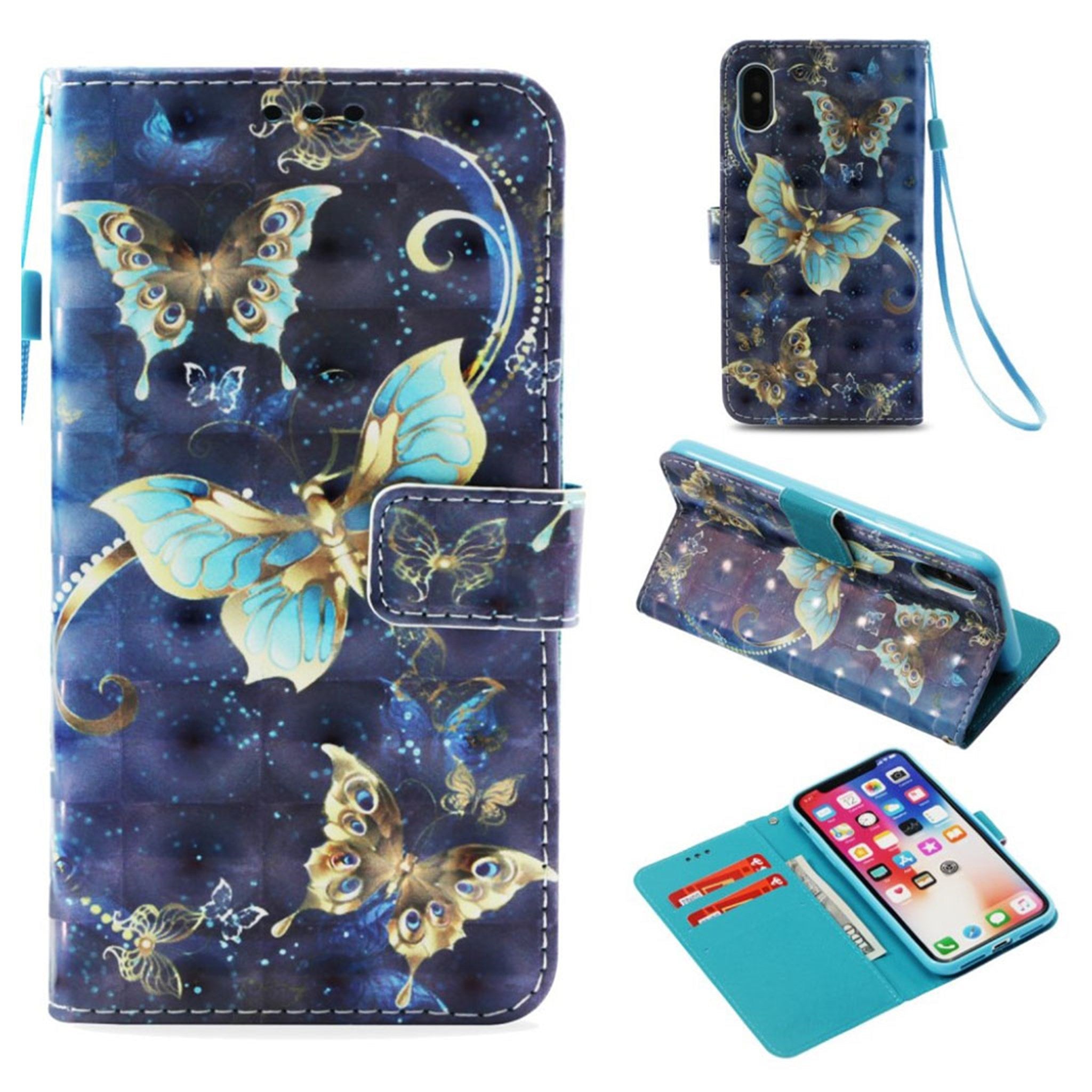 iPhone Xs Max light spot décor leather flip case - Gold and Blue Butterfly at Night