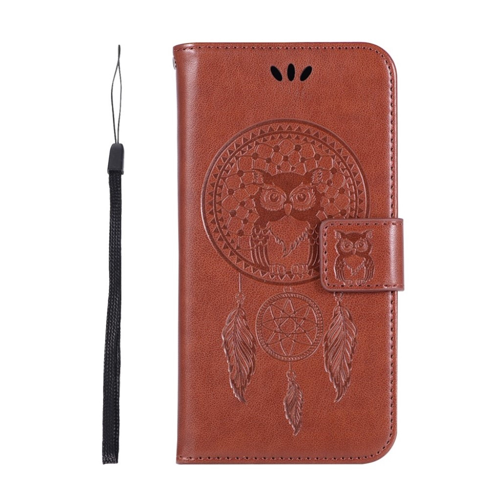 iPhone Xs Max imprint owl dream catcher leather flip case - Brown