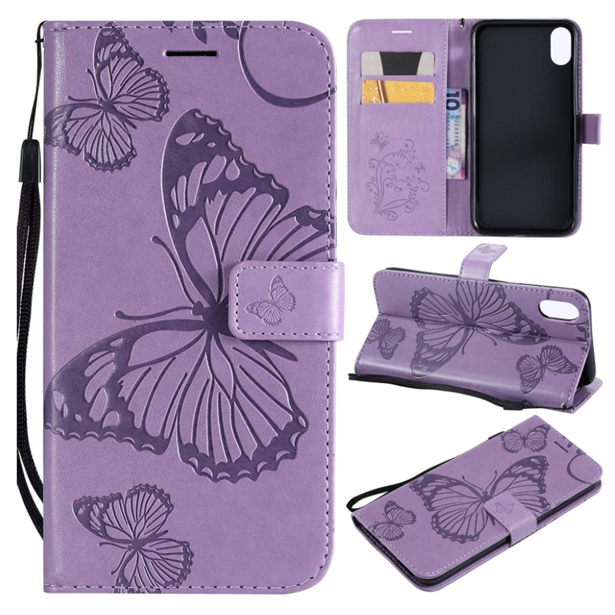 iPhone Xs Max imprinted butterfly leather flip case - Purple