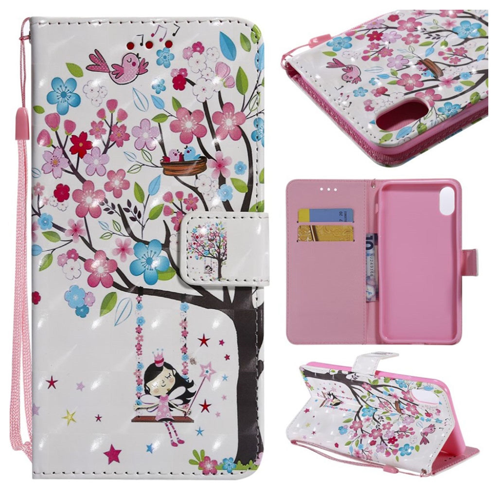 iPhone Xs Max light spot patterned leather flip case - Girl Swinging under Tree