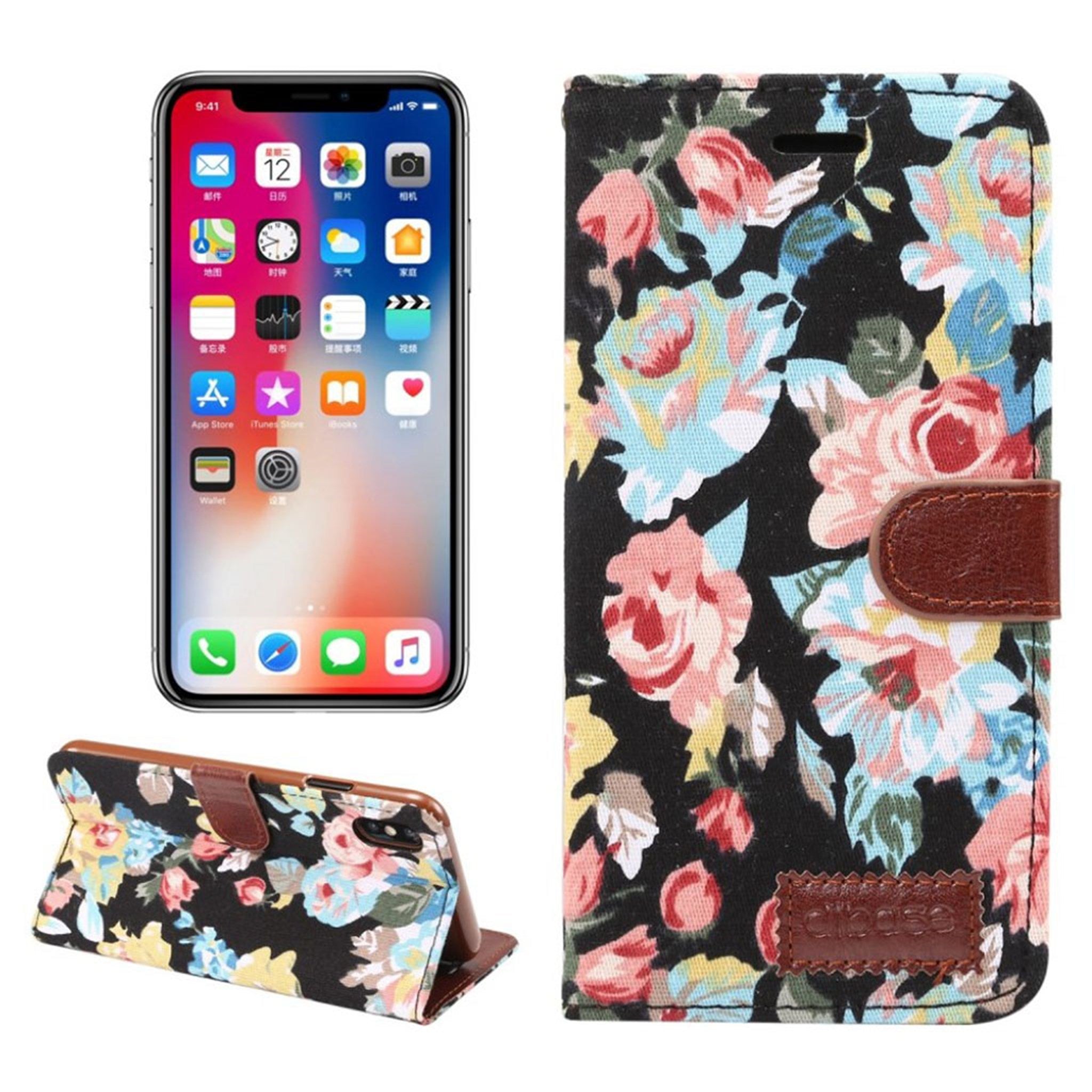 iPhone Xs Max flower cloth leather flip case - Black