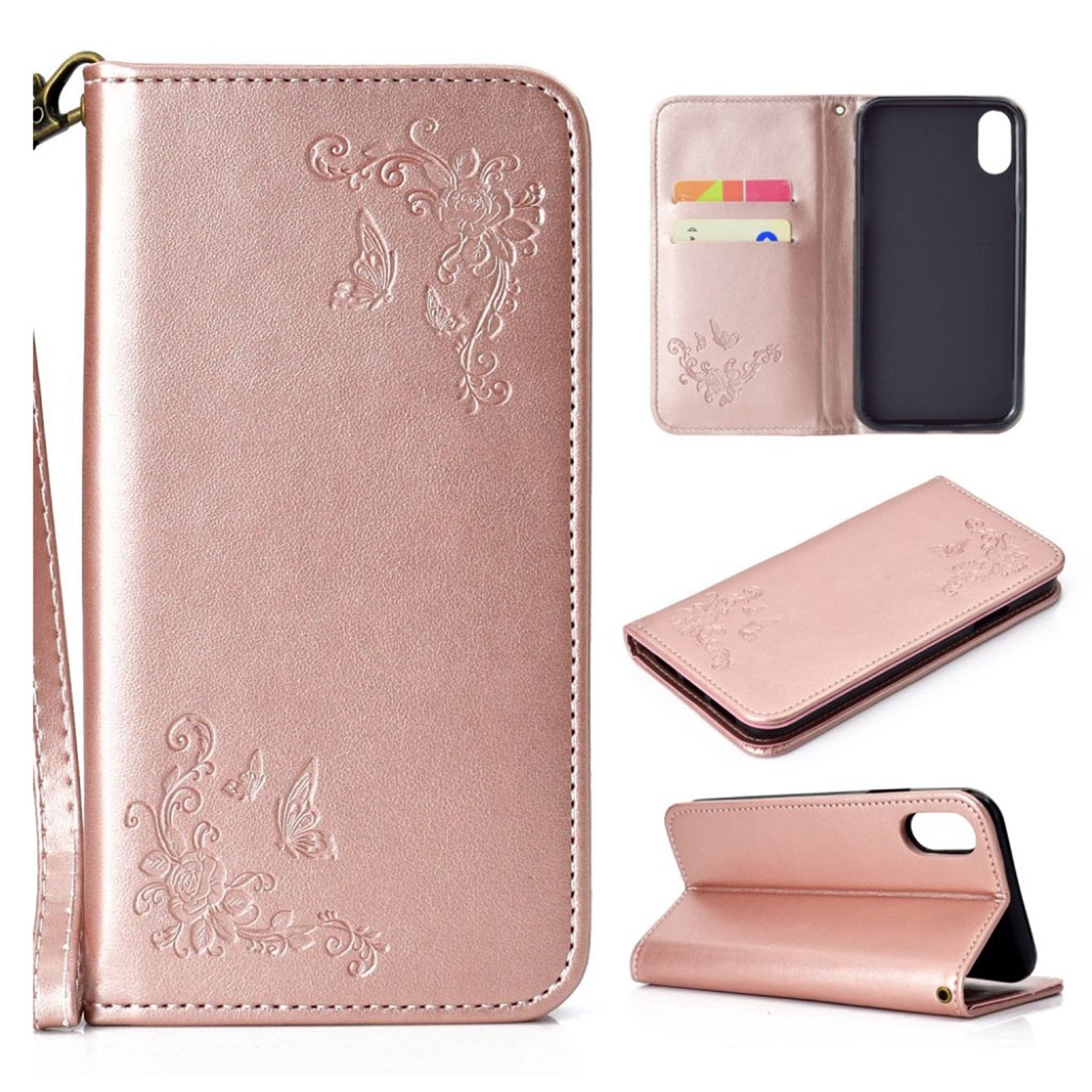 iPhone Xs Max imprinted flower and butterfly leather flip case - Rose Gold