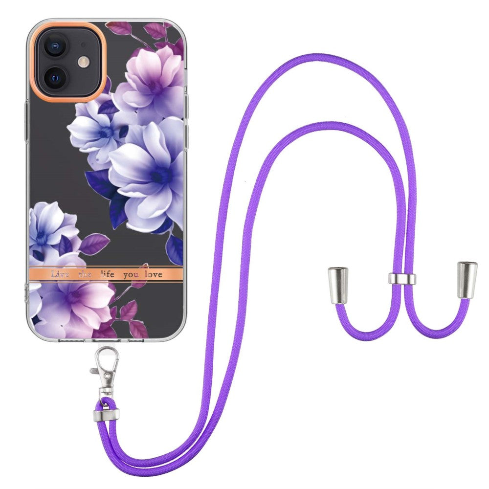 Slim and durable softcover with lanyard for iPhone 12 / 12 Pro - Purple Begonia