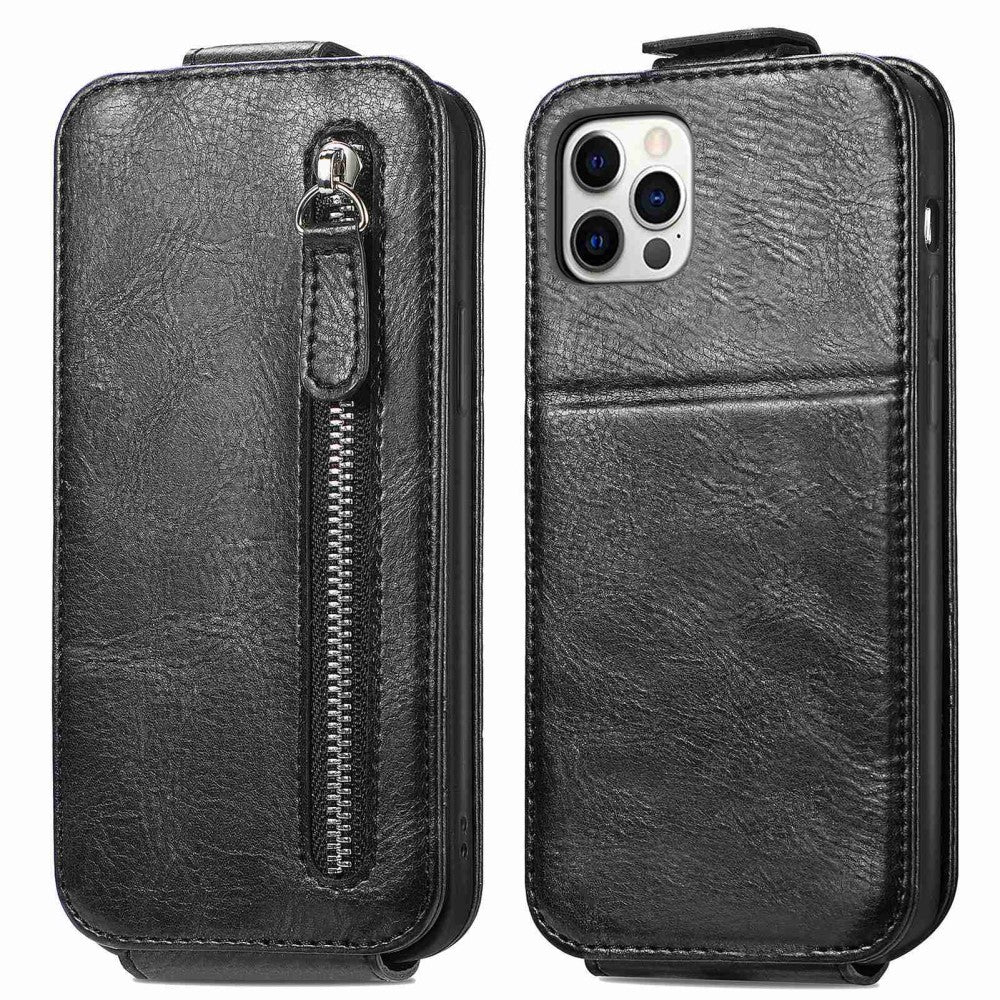 Vertical flip phone case with zipper for iPhone 12 / 12 Pro - Black