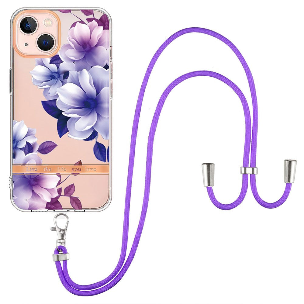 Slim and durable softcover with lanyard for iPhone 13 - Purple Begonia