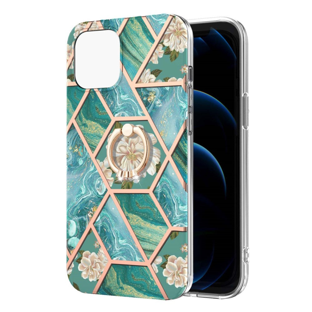 Marble patterned cover with ring holder for iPhone 13 - Blue Flowers