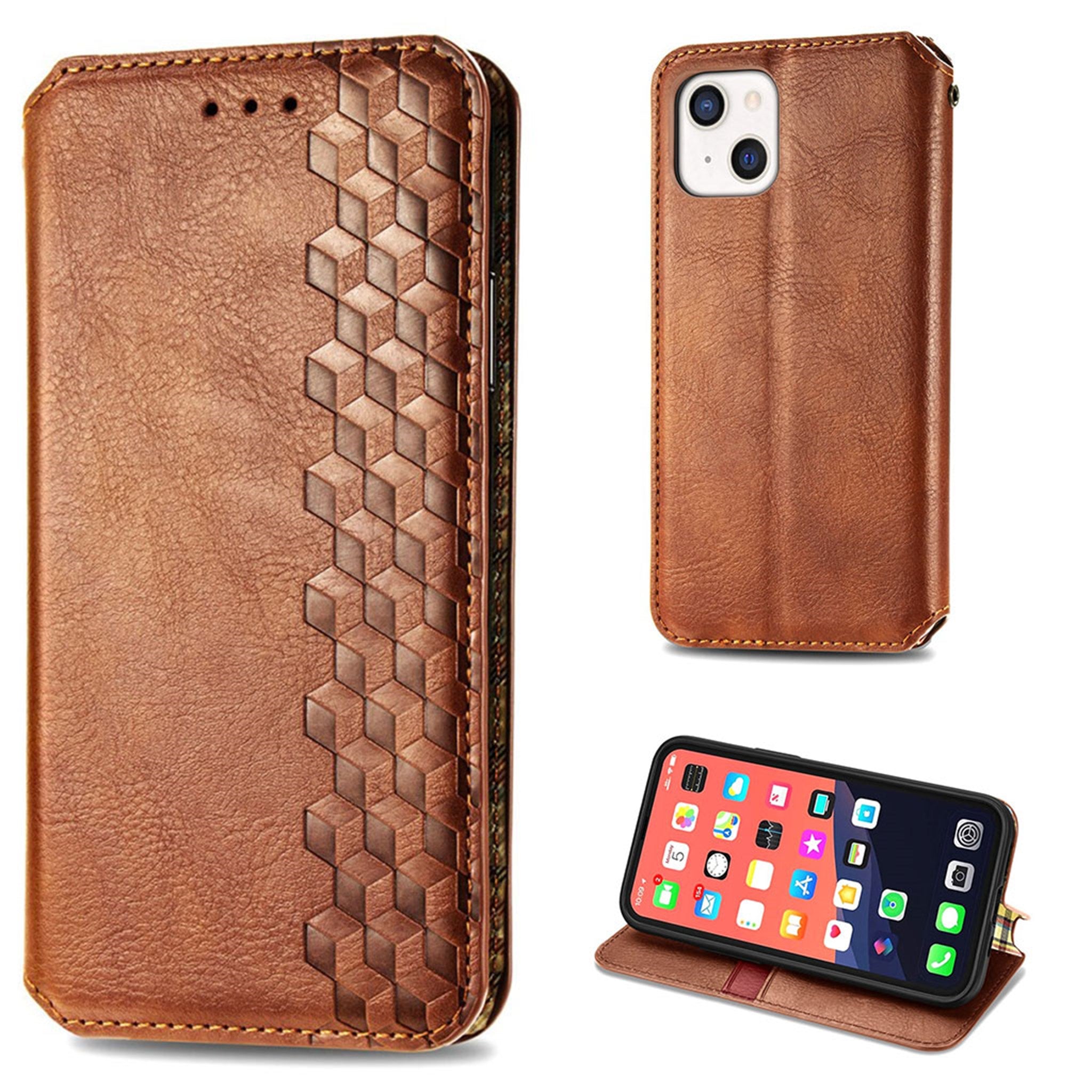 Leather case with a stylish rhombus imprint for iPhone 13 - Brown