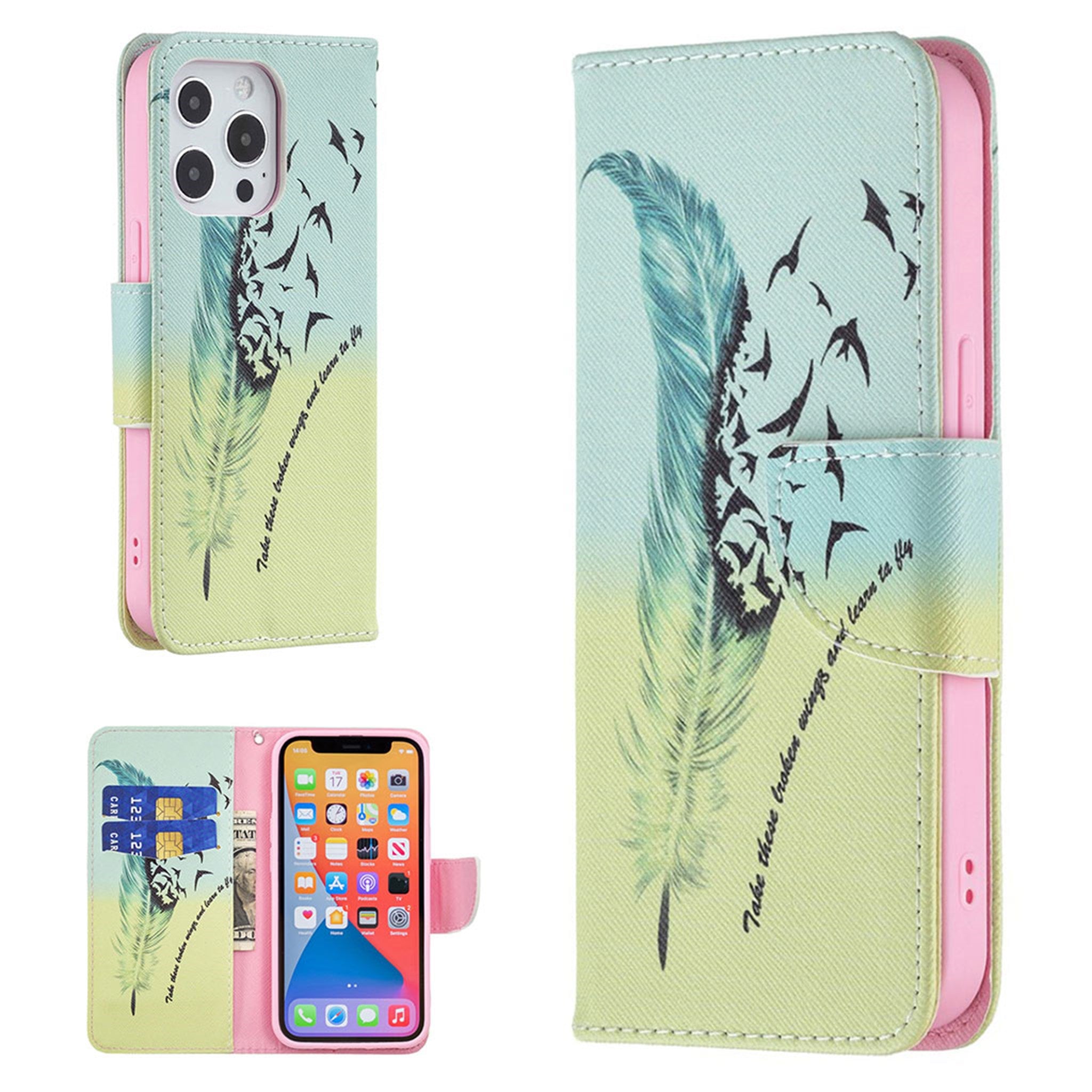 Wonderland iPhone 13 / 13 Pro flip case - Feather / Bird Pattern