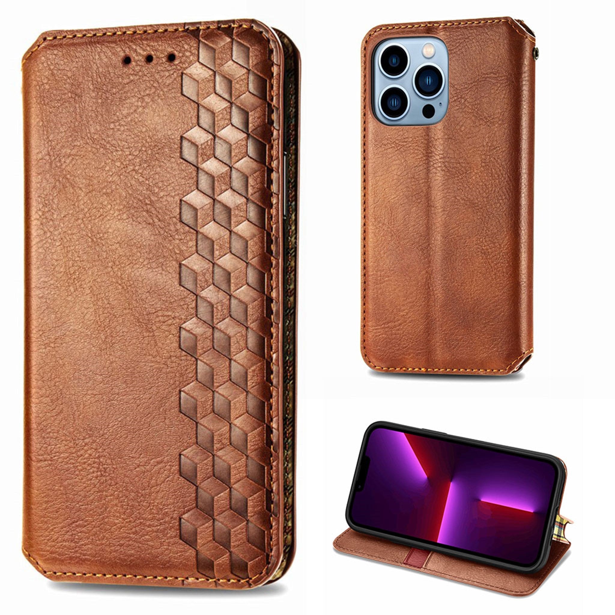 Leather case with a stylish rhombus imprint for iPhone 13 Pro - Brown