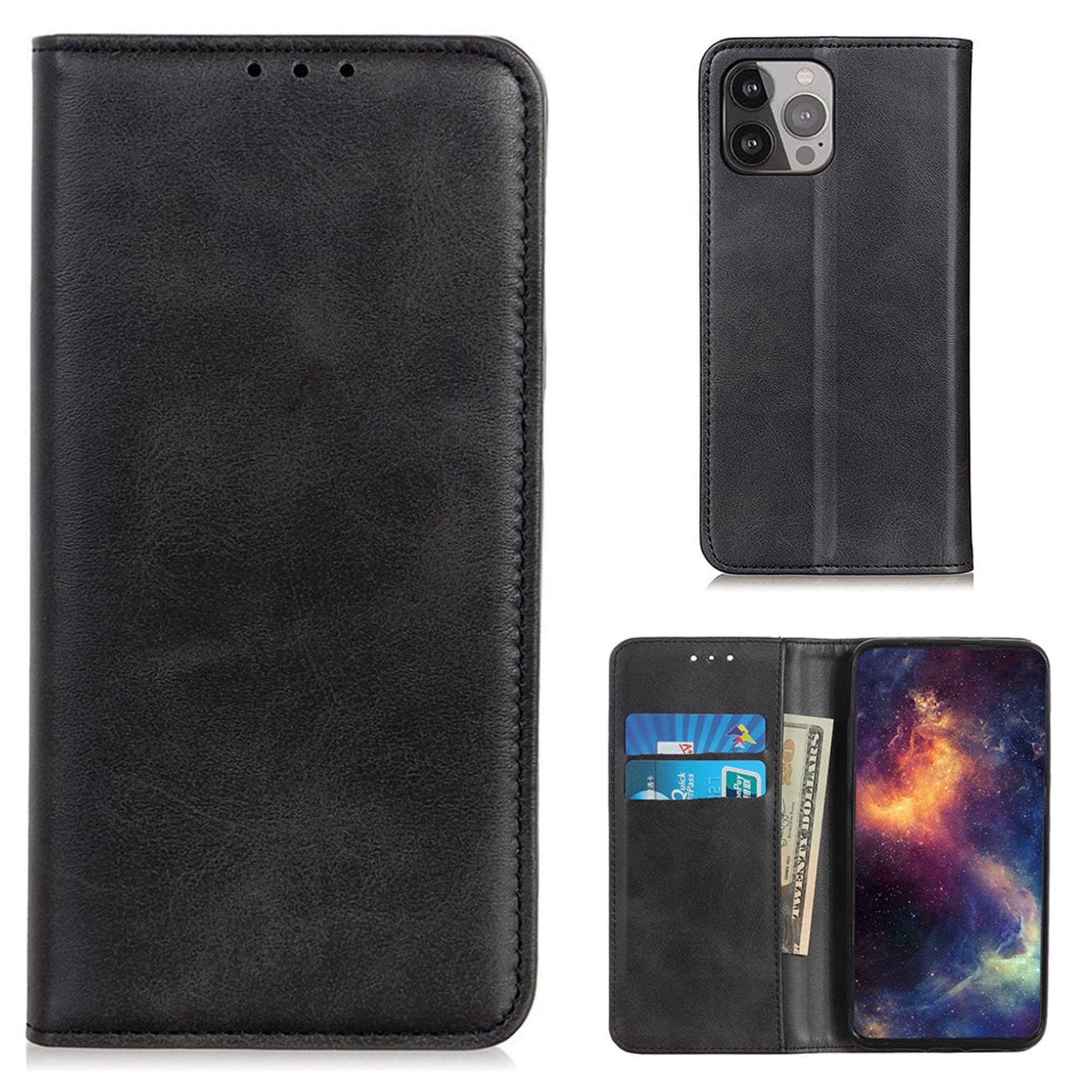 Wallet-style genuine leather flipcase for iPhone 13 Pro Max - Black