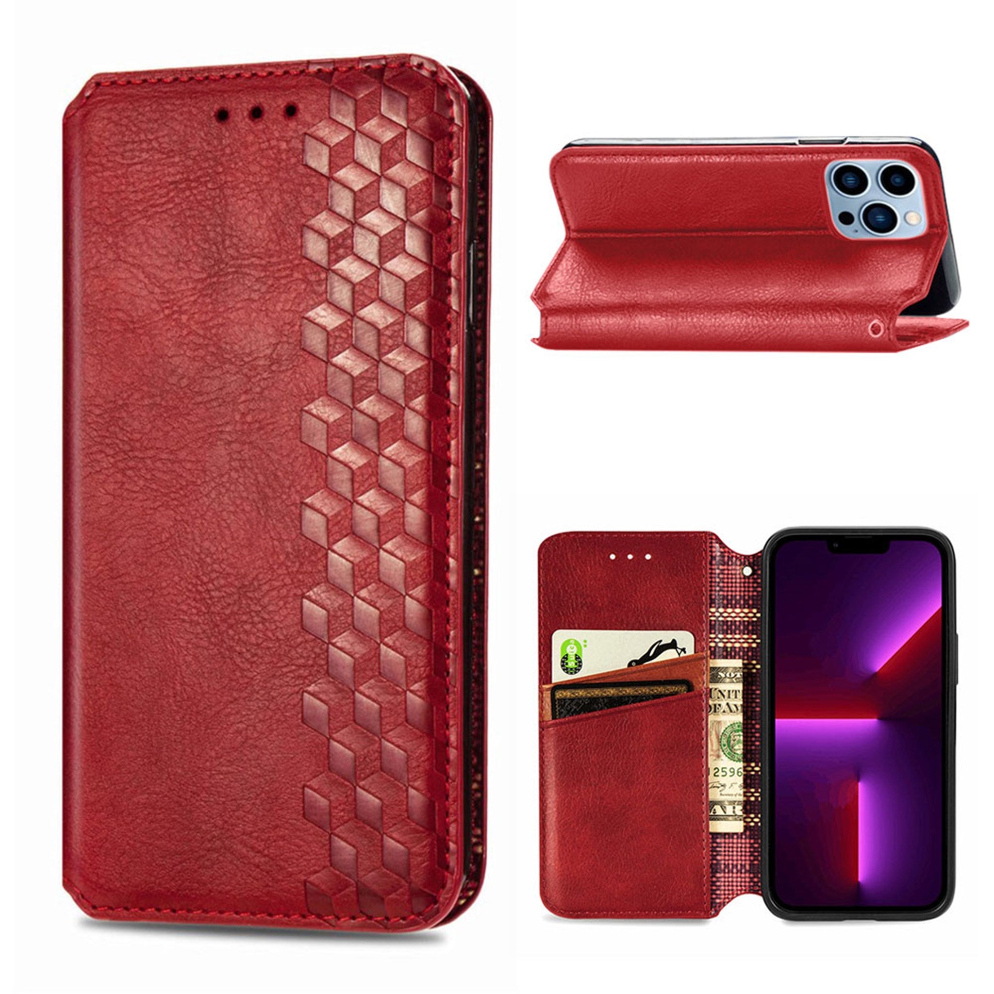 Leather case with a stylish rhombus imprint for iPhone 13 Pro Max - Red