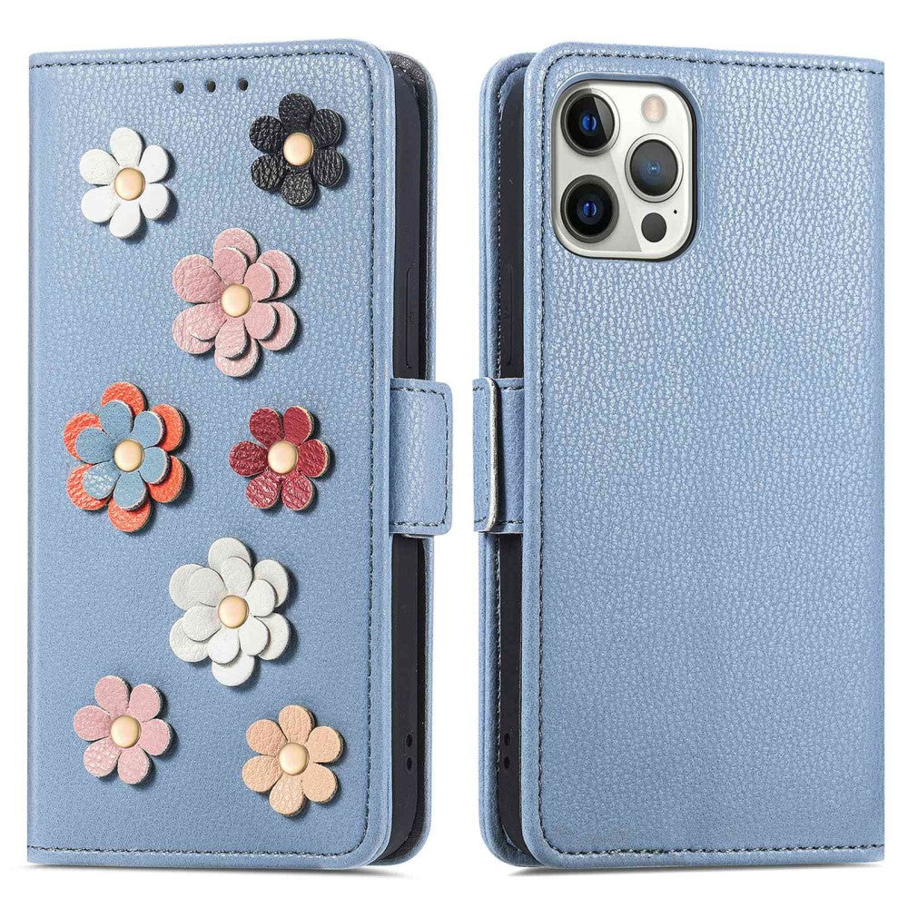 Soft flower decor leather case for iPhone 13 Pro Max - Blue