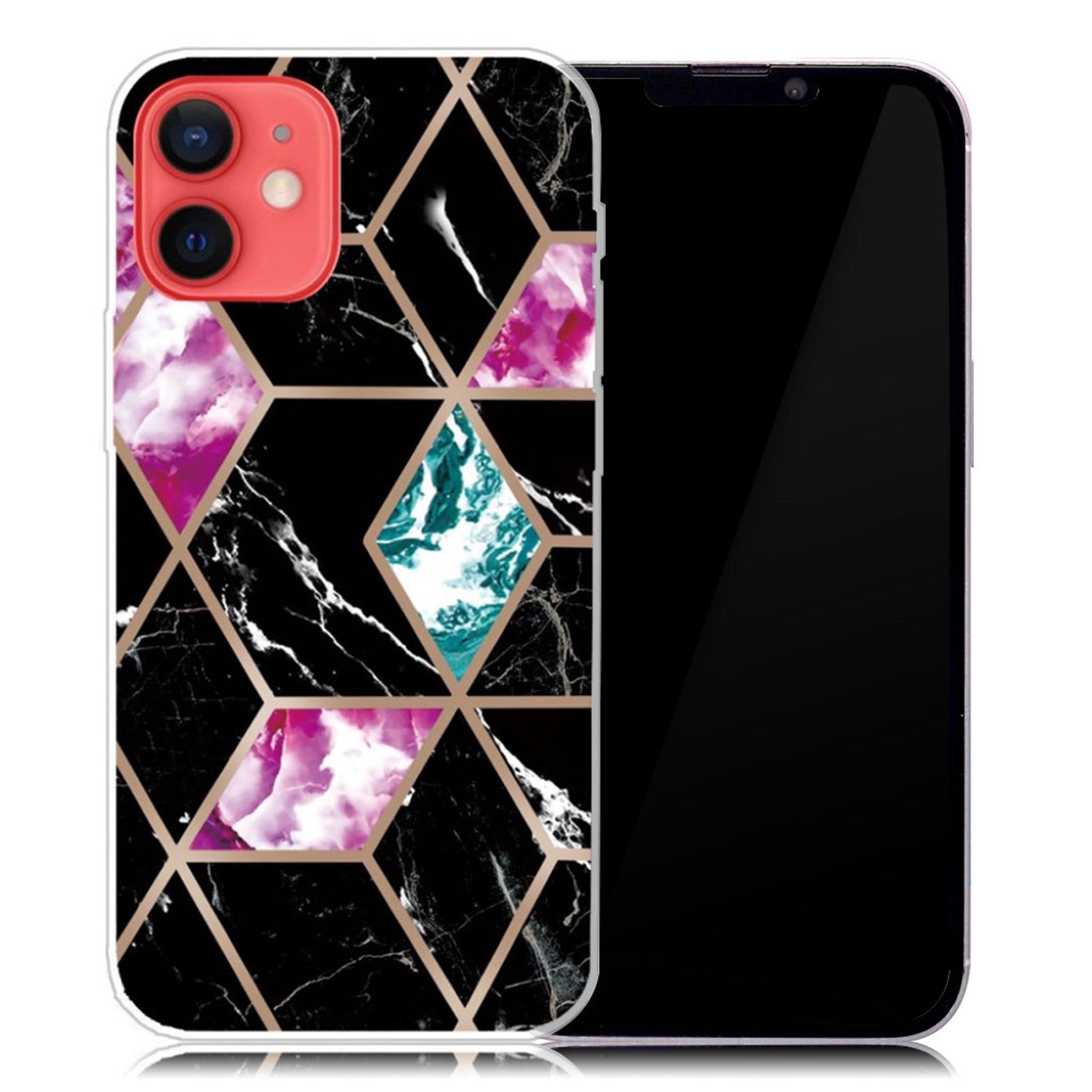 Marble iPhone 13 Mini case - Tile of Black / Cyan / Rose