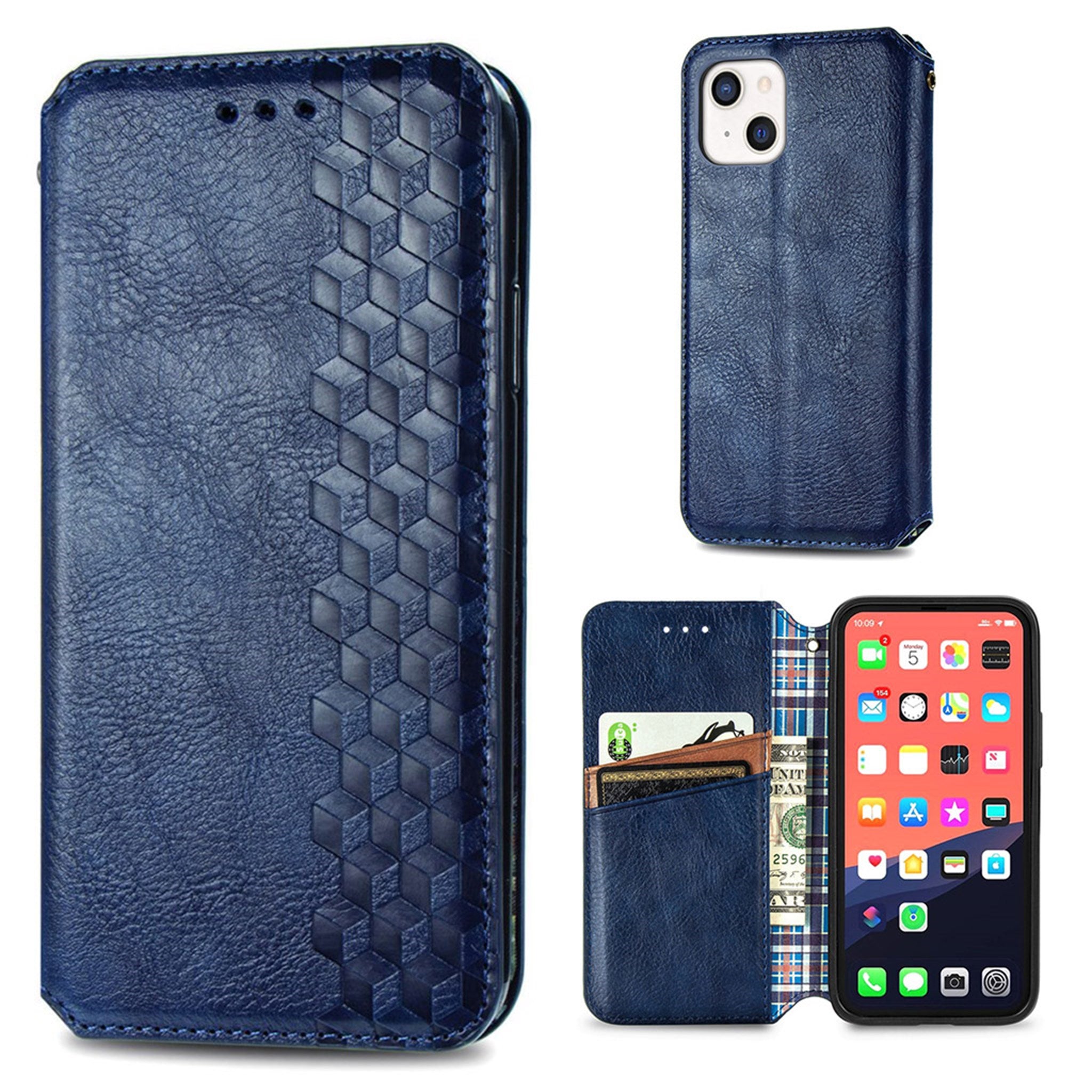 Leather case with a stylish rhombus imprint for iPhone 13 Mini - Blue