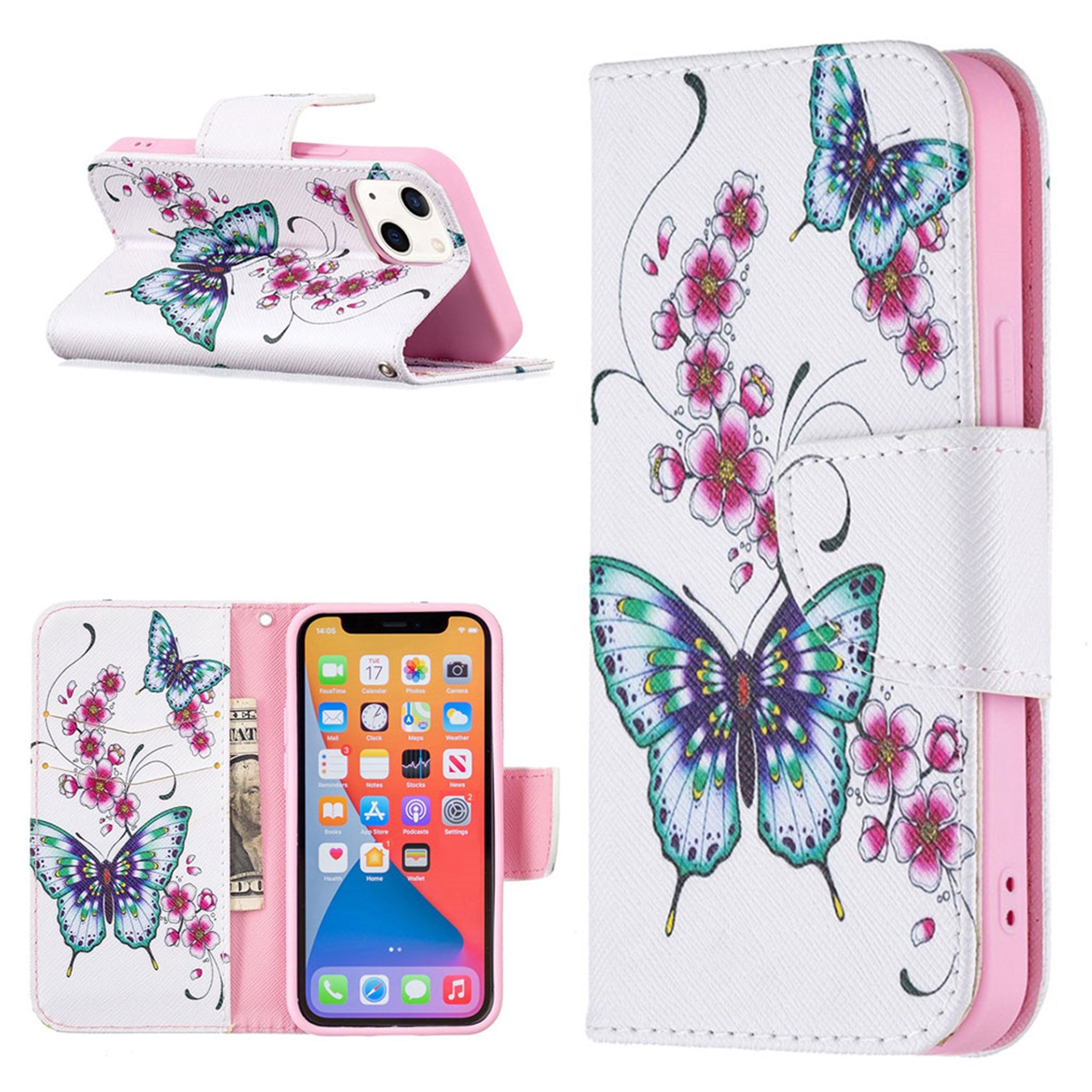 Wonderland iPhone 13 Mini flip case - Peach Blossom Butterflies