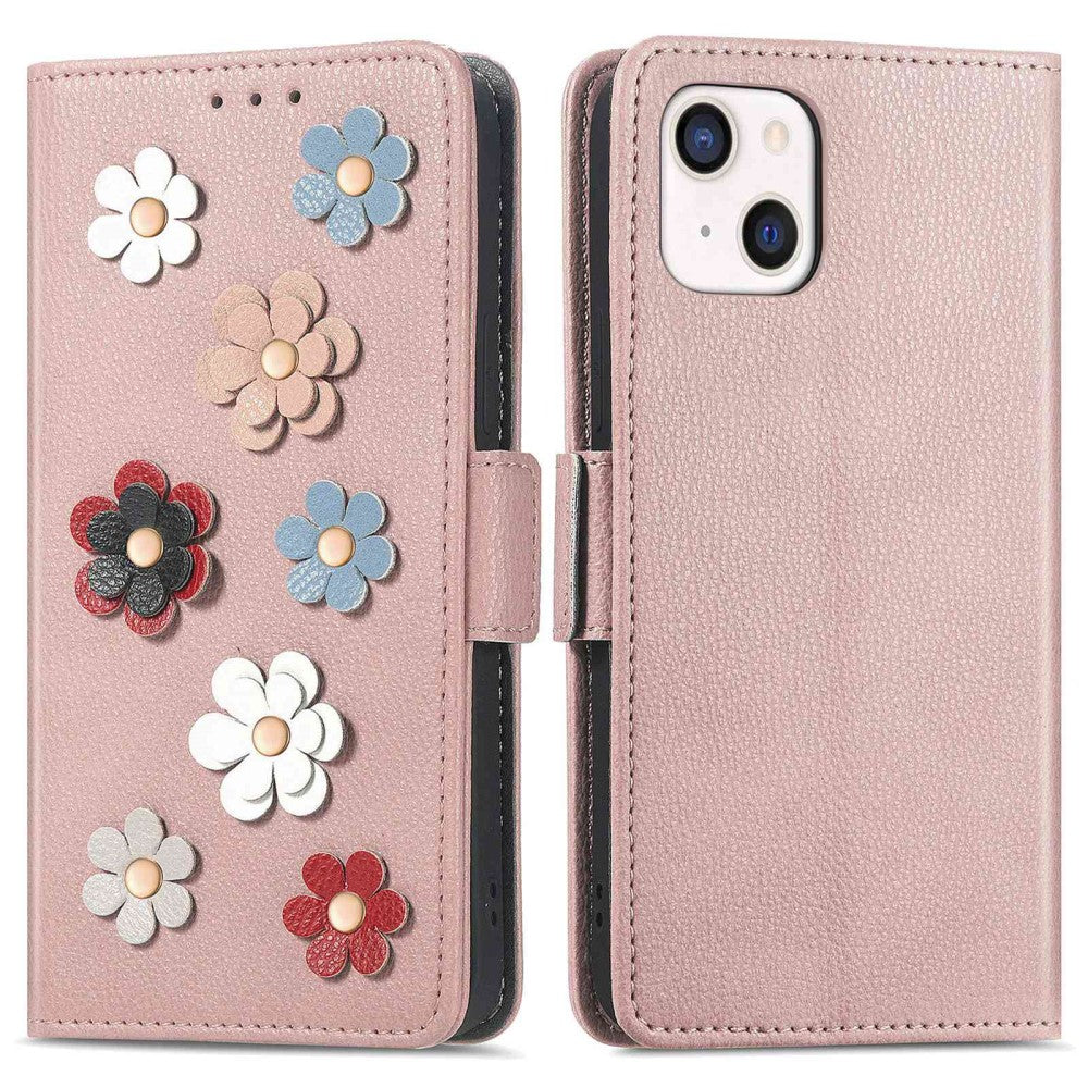 Soft flower decor leather case for iPhone 13 Mini - Rose Gold