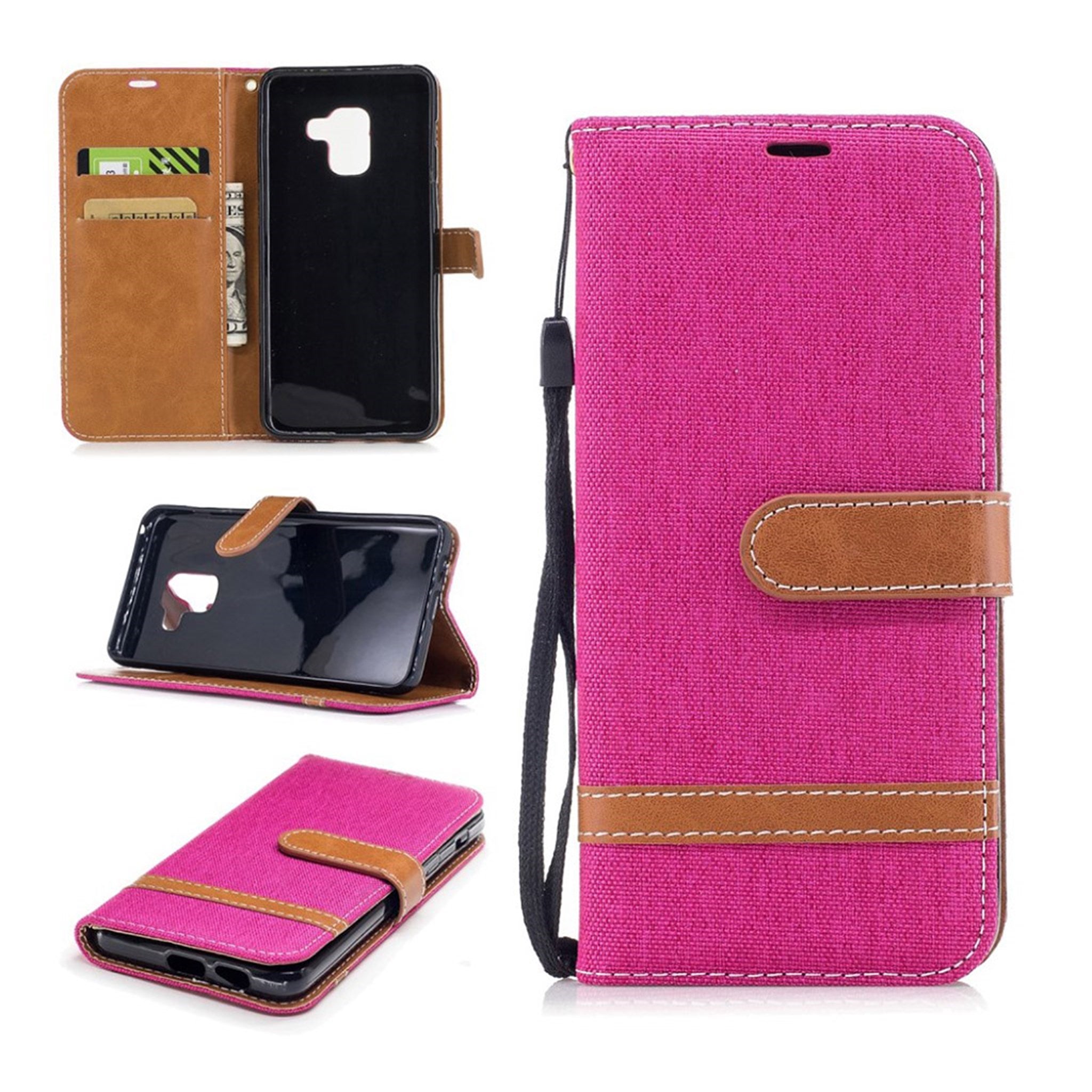 Samsung Galaxy A8 (2018) contrast color jean cloth PU leather flip case - Rose