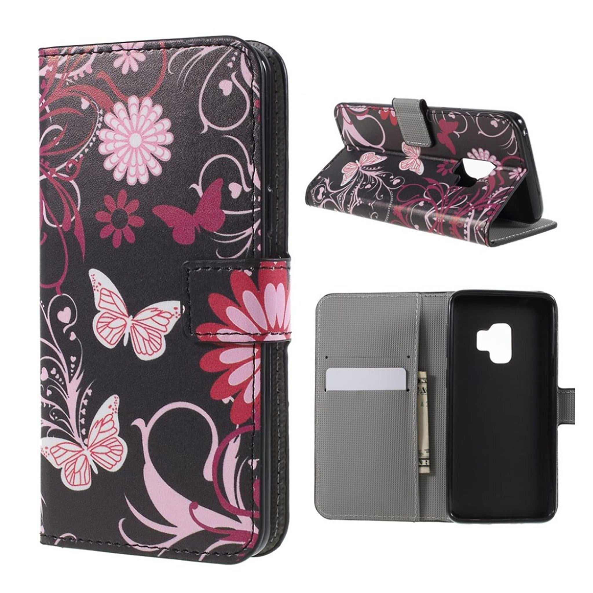 Samsung Galaxy S9 patterned leather flip case - Pink Flower and Butterfly