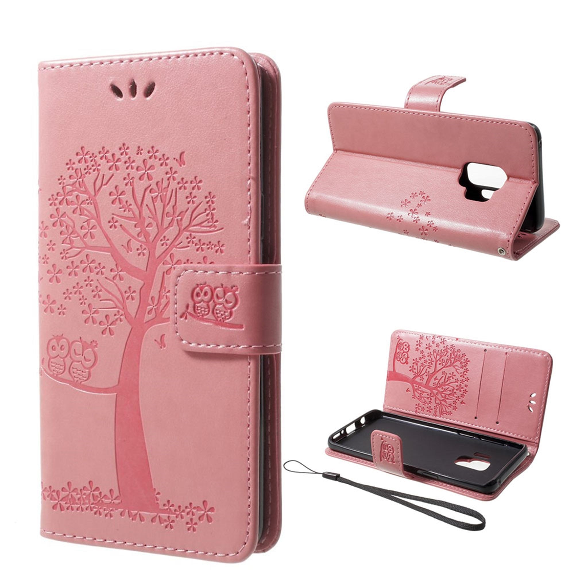 Samsung Galaxy S9 imprint tree owl leather case - Pink