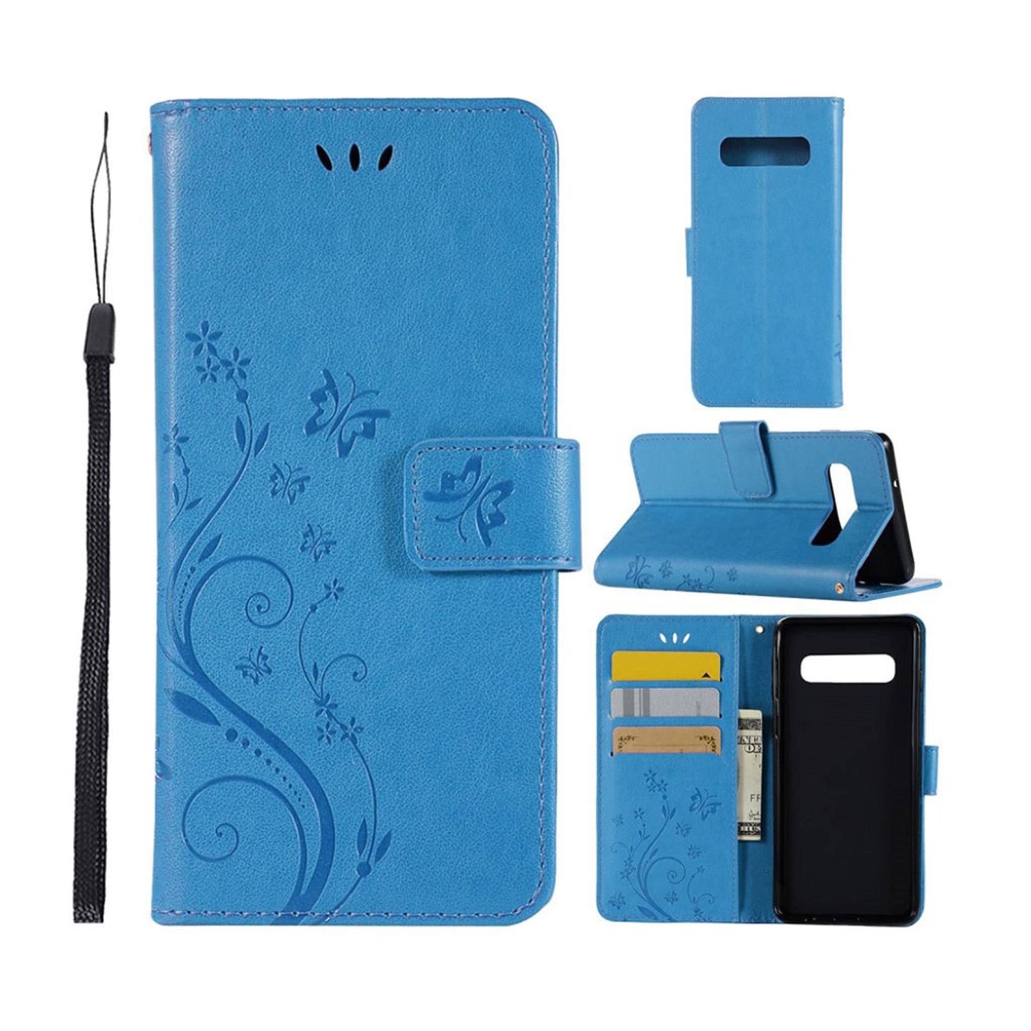 Samsung Galaxy S10 imprint butterfly flower leather flip case - Blue
